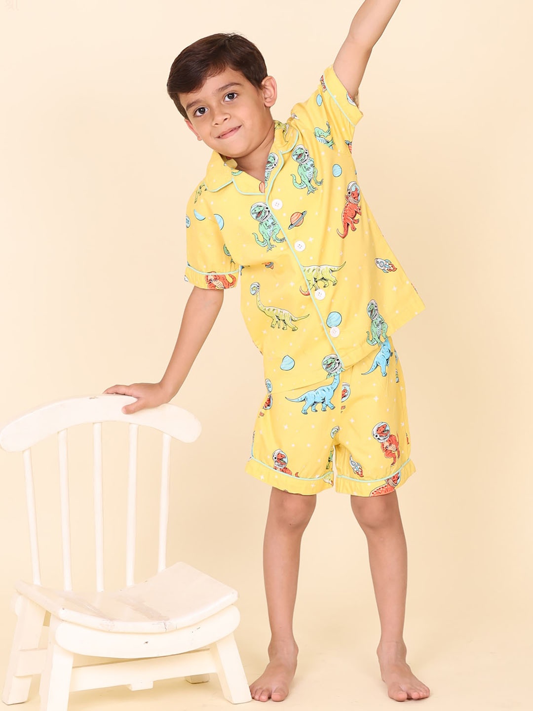 

Little Carrot Boys Conversational Printed Pure Cotton Night Suit, Yellow