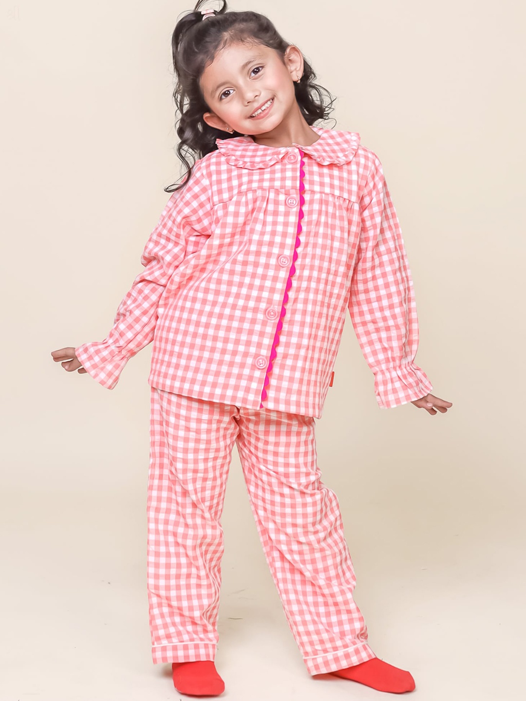 

Little Carrot Girls Checked Lapel Collar Night Suit, Peach