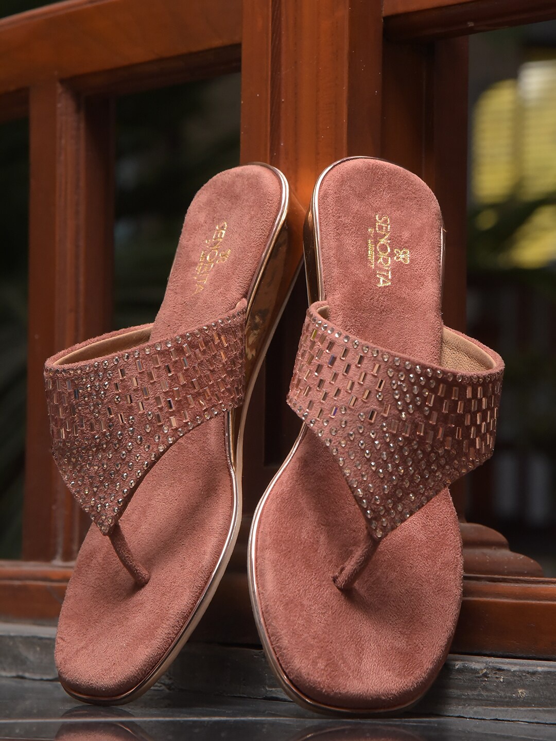 

Liberty Embellished T-Straps Flats, Peach