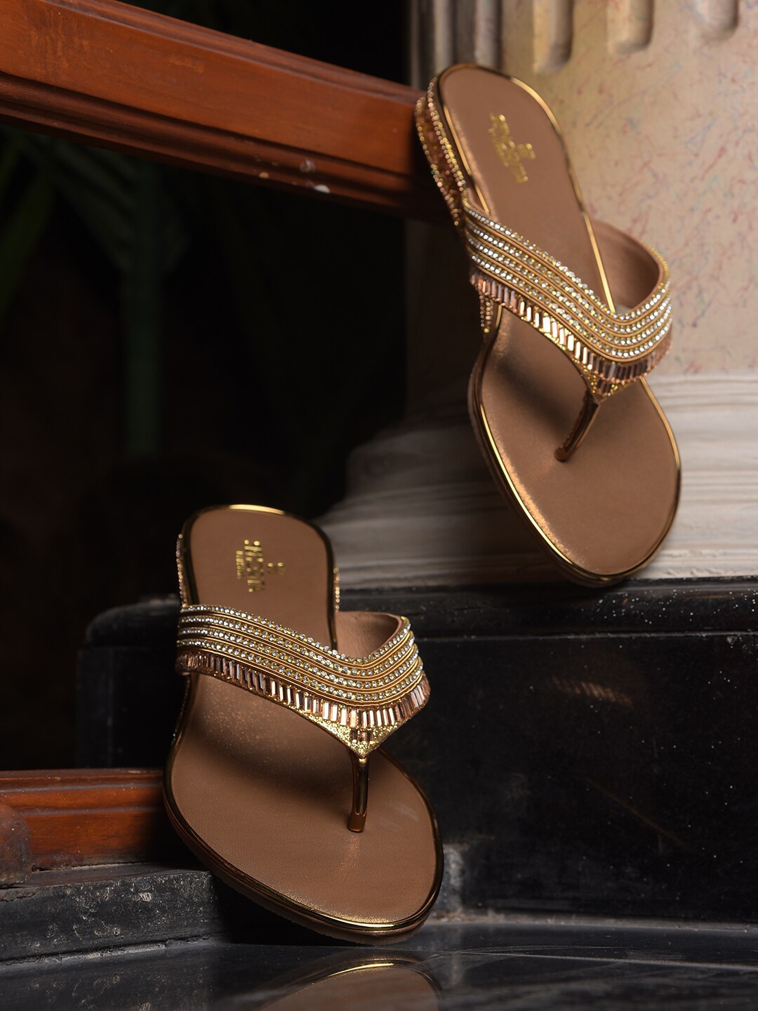 

Liberty Embellished T-Straps Flats, Gold