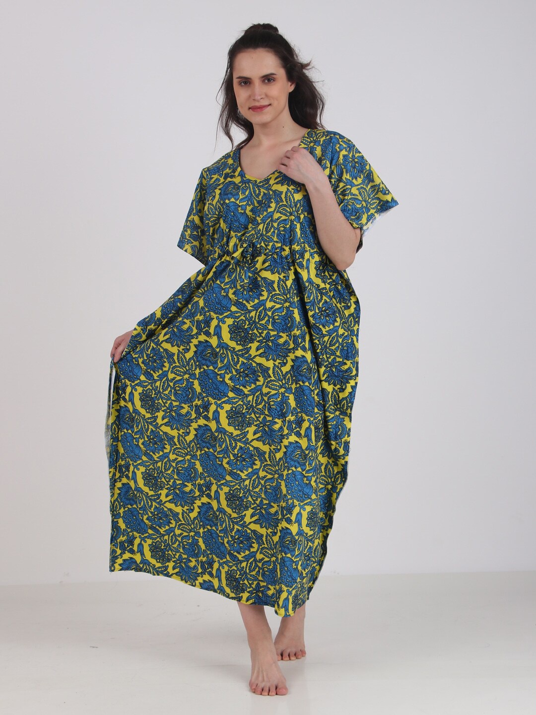 

Masha Floral Printed V-Neck Pure Cotton Maxi Kaftan Nightdress, Blue