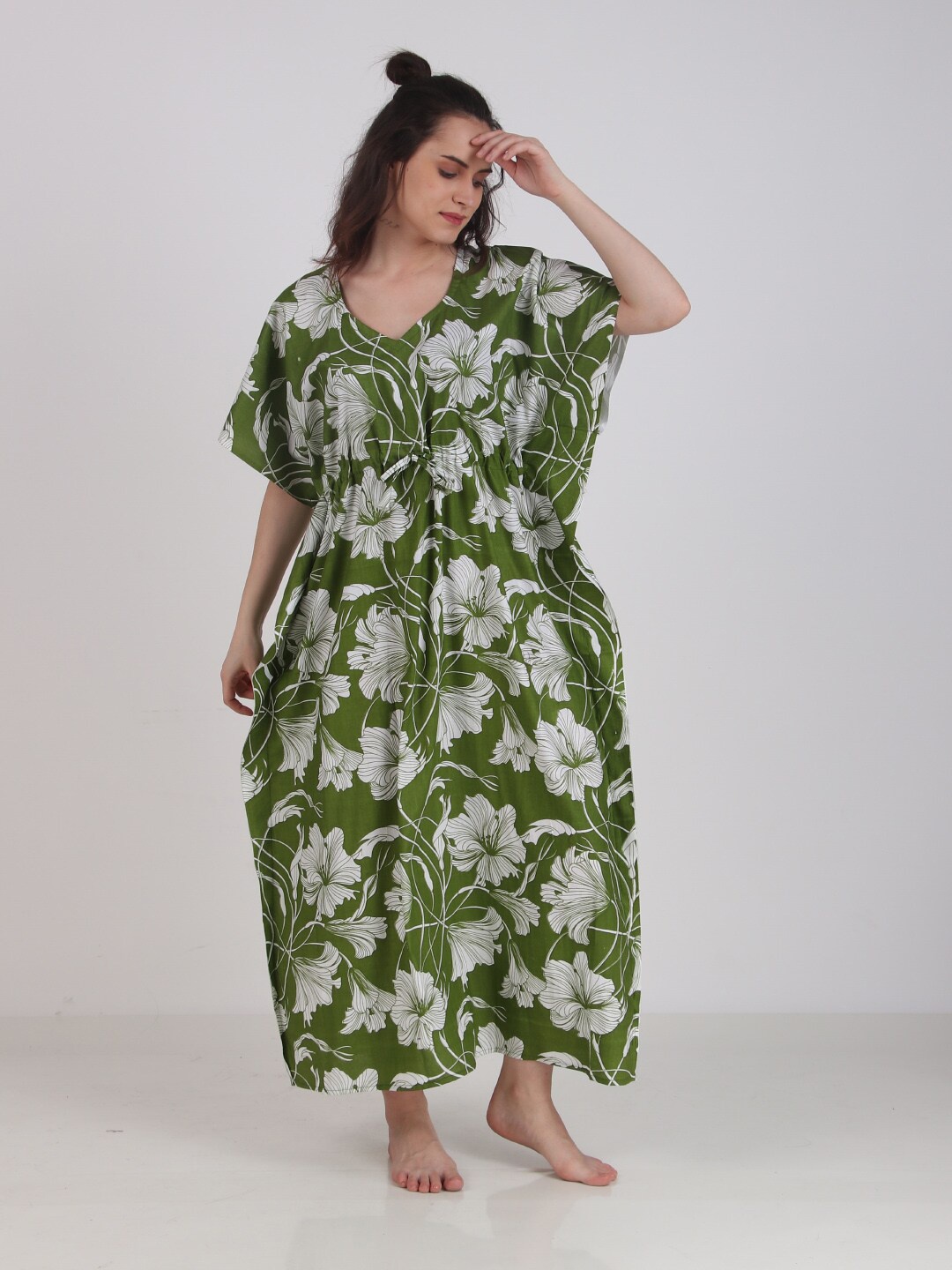 

Masha Floral Printed V-Neck Pure Cotton Maxi Kaftan Nightdress, Green