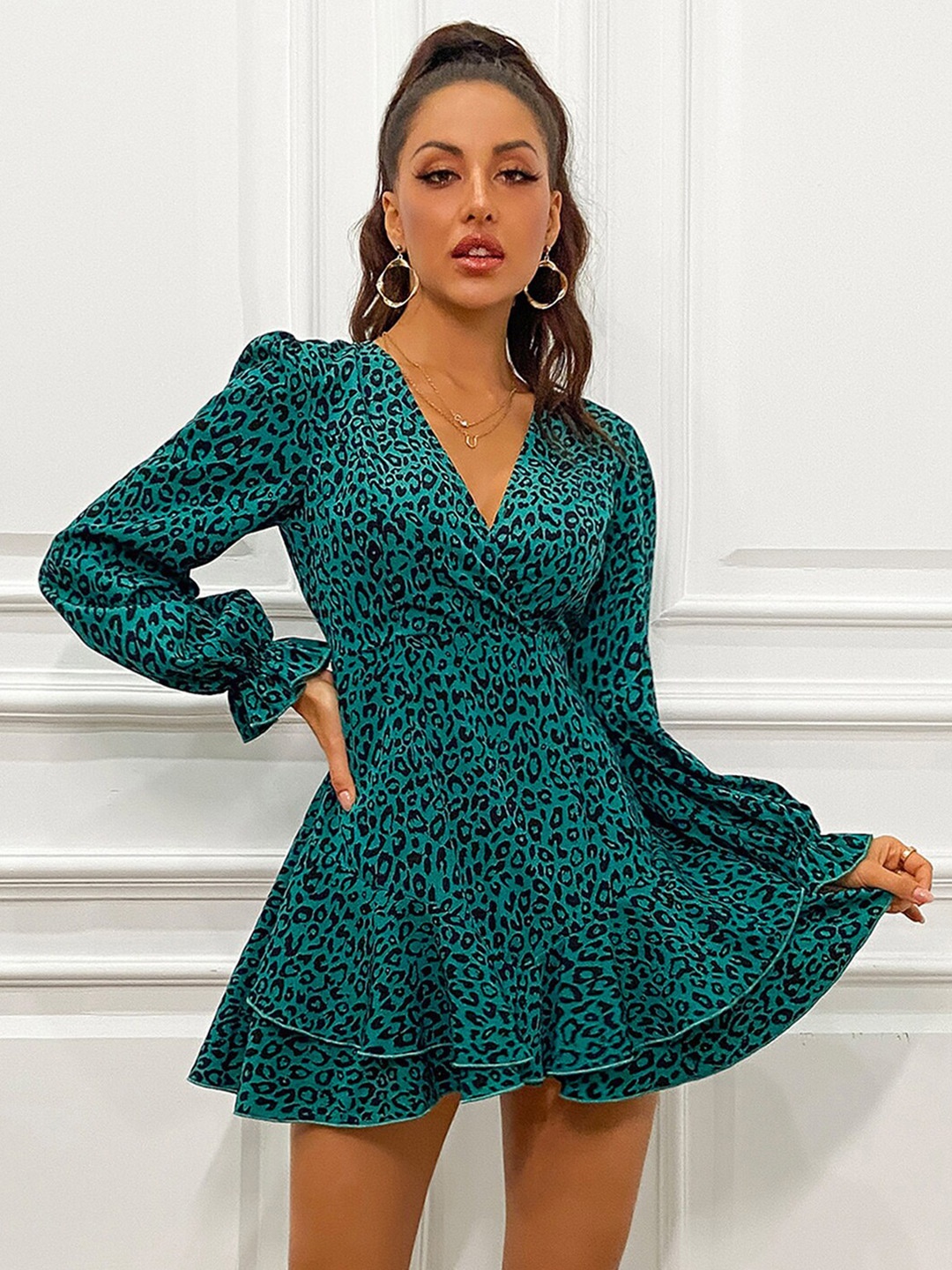 

JC Mode Abstract Print V-Neck Puff Sleeve Fit & Flare Mini Dress, Green