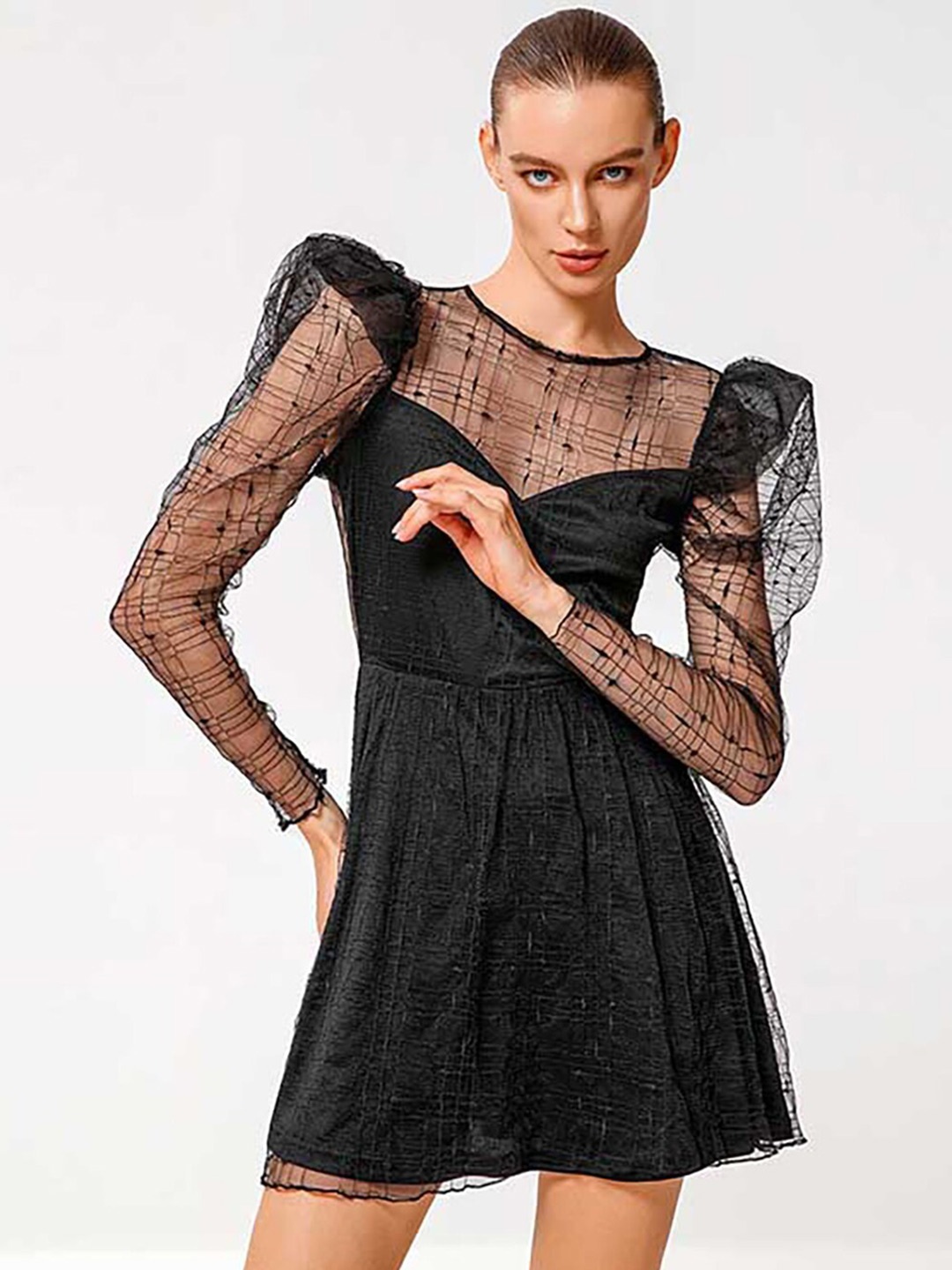 

JC Mode Self Design Long Sleeves Fit & Flare Dress, Black