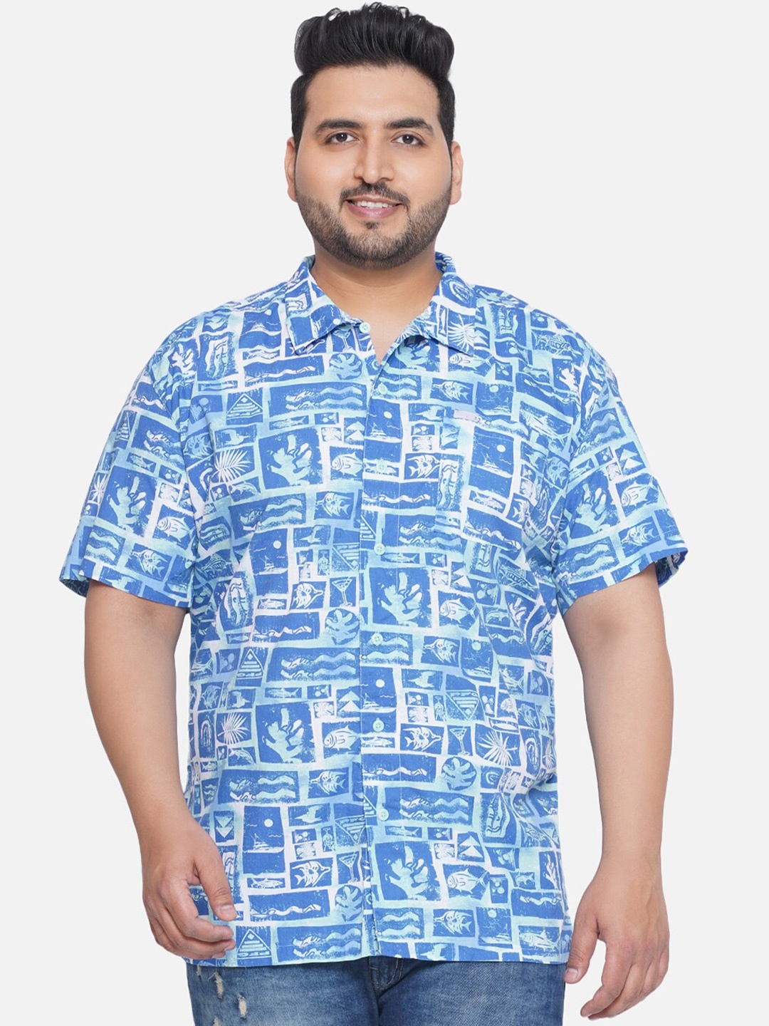 

Santonio Plus Size Classic Fit Graphic Printed Pure Cotton Casual Shirt, Blue