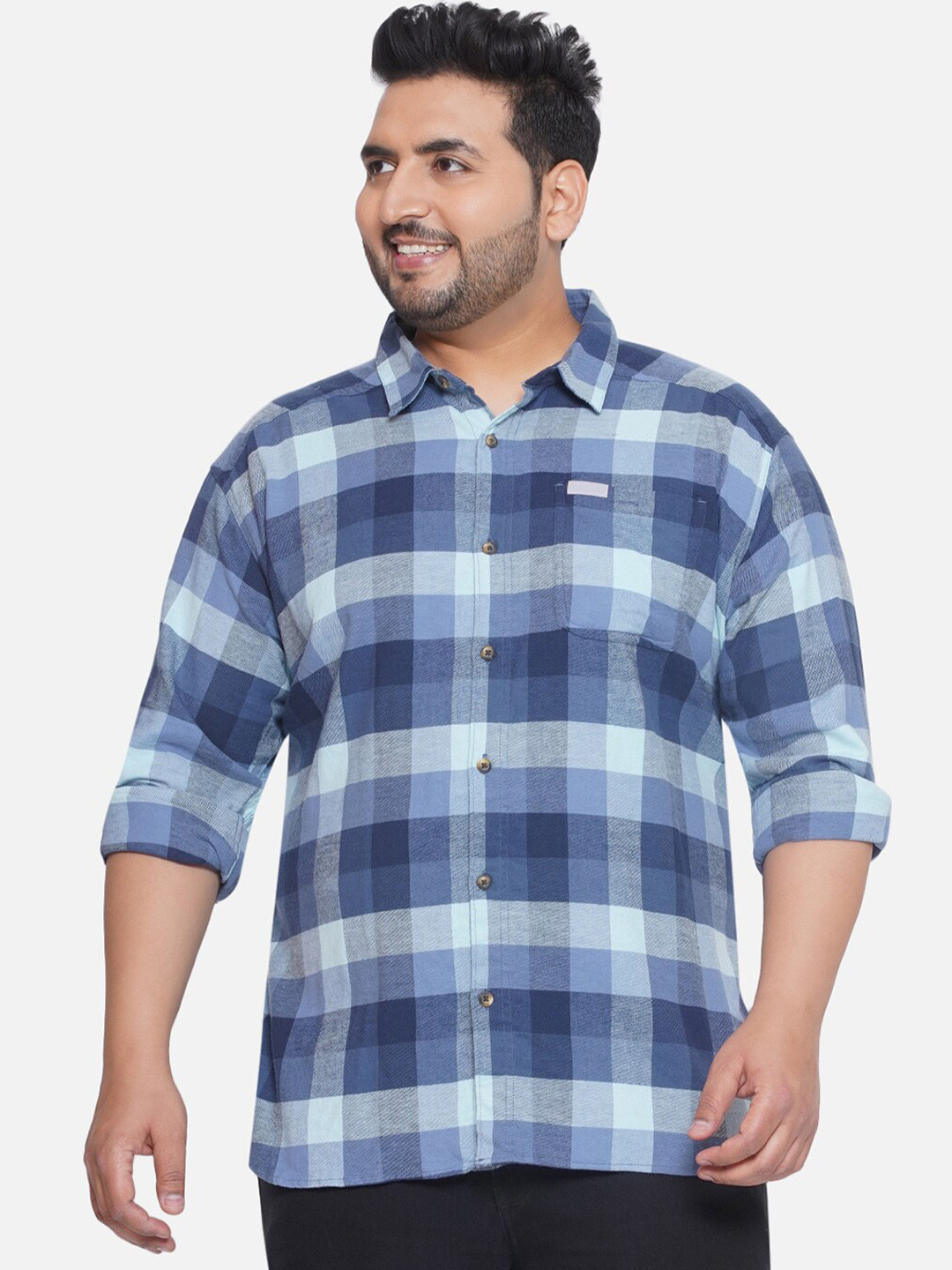 

Santonio Plus Size Classic Buffalo Checked Pure Cotton Casual Shirt, Blue