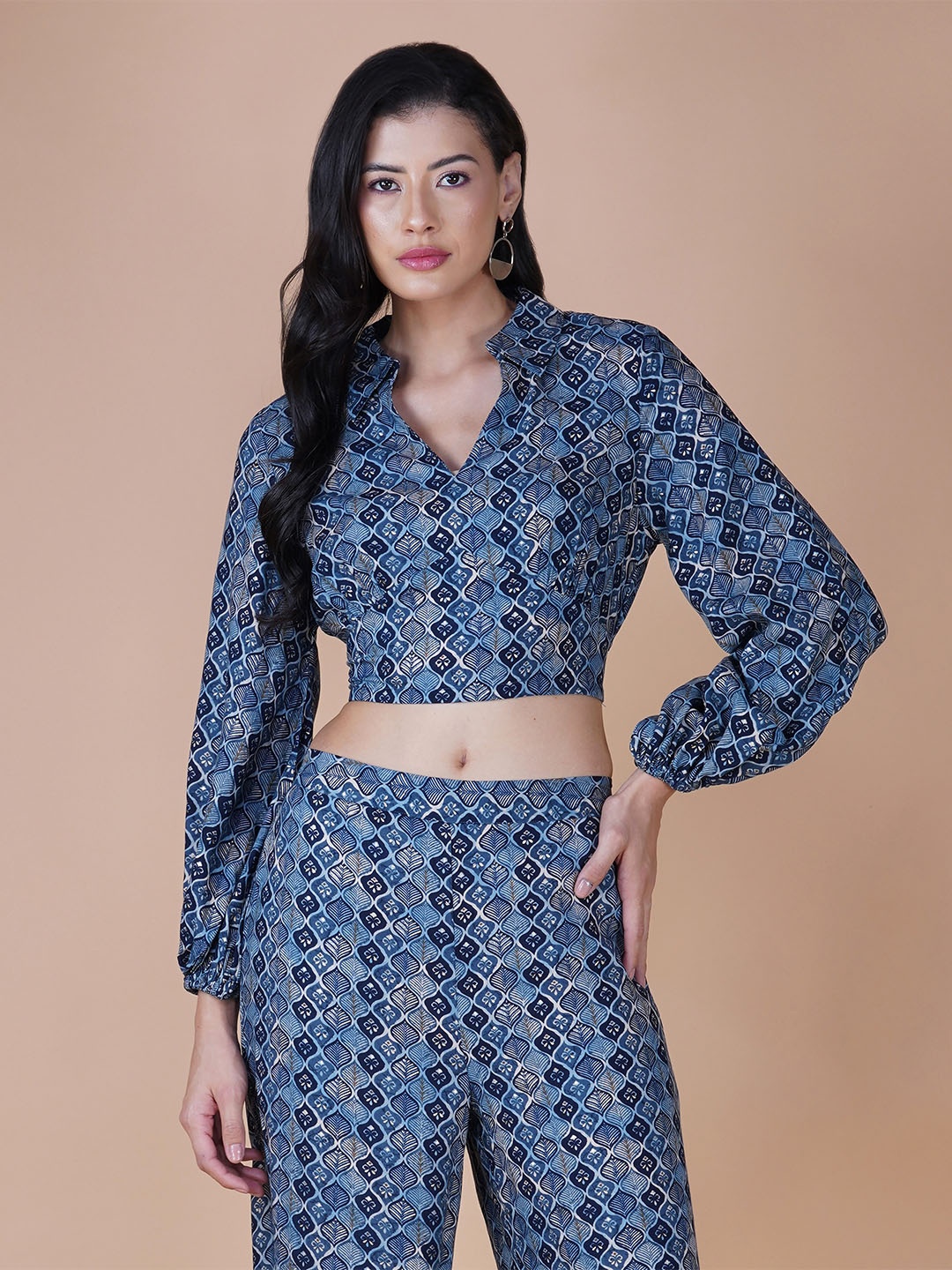 

YELLOW PARROT Printed Shirt Collar Back Knot Crop Top With Palazzos, Blue