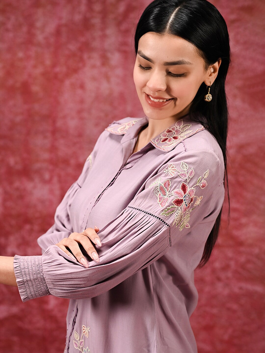 

Lakshita Embroidered Shirt Collar Tunic, Lavender