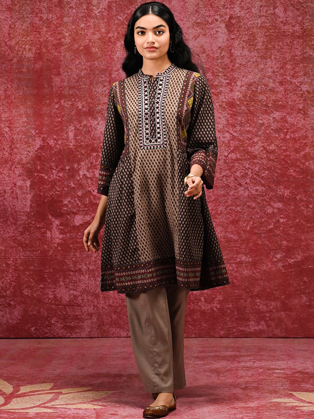 

Lakshita Floral Printed Flared Sleeves Thread Work A-Line Kurta, Brown