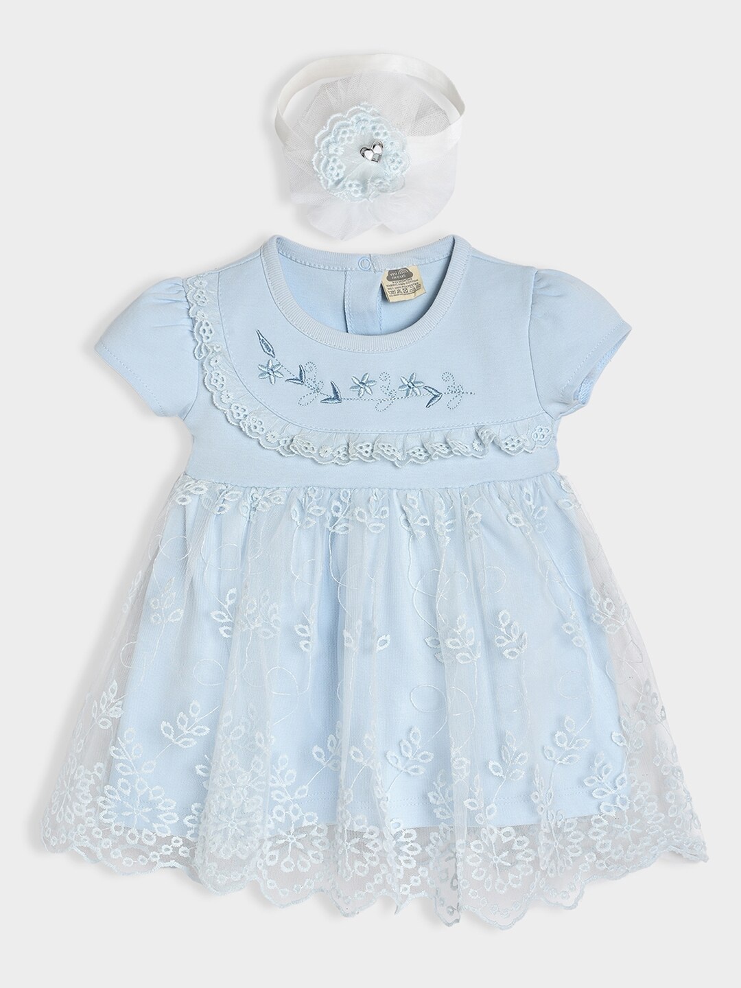 

MiArcus Girls Floral Embroidered Net A-Line Dress with Headband, Blue