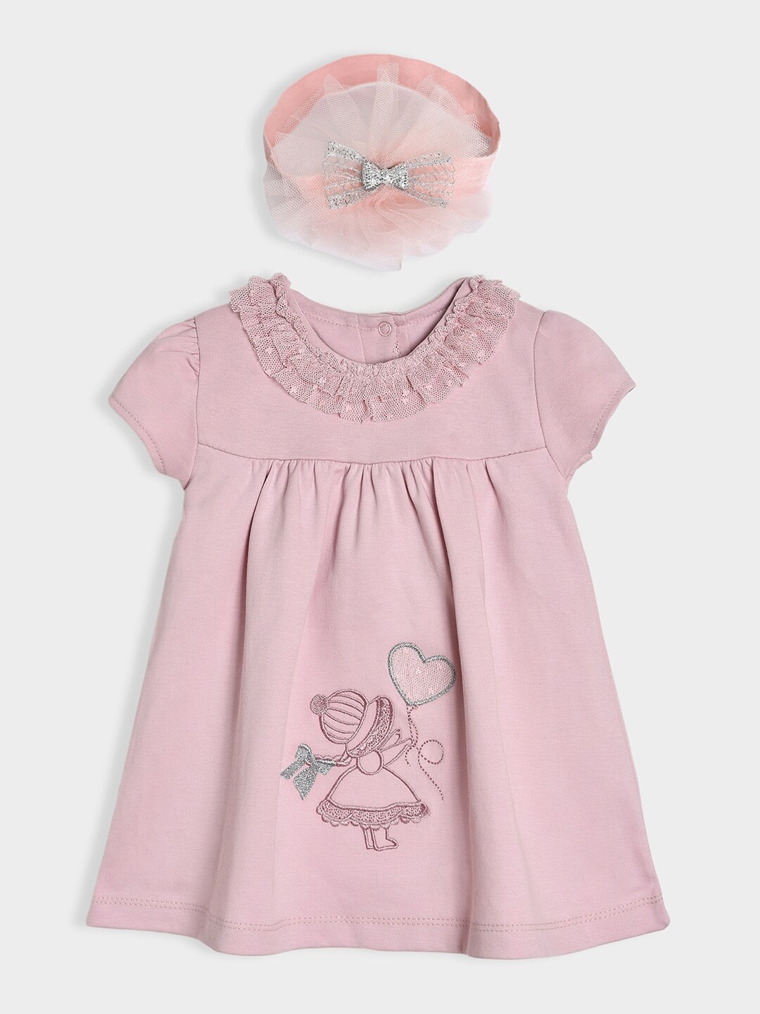 

MiArcus Girls Graphic Embroidered Cotton A-Line Dress with Headband, Pink