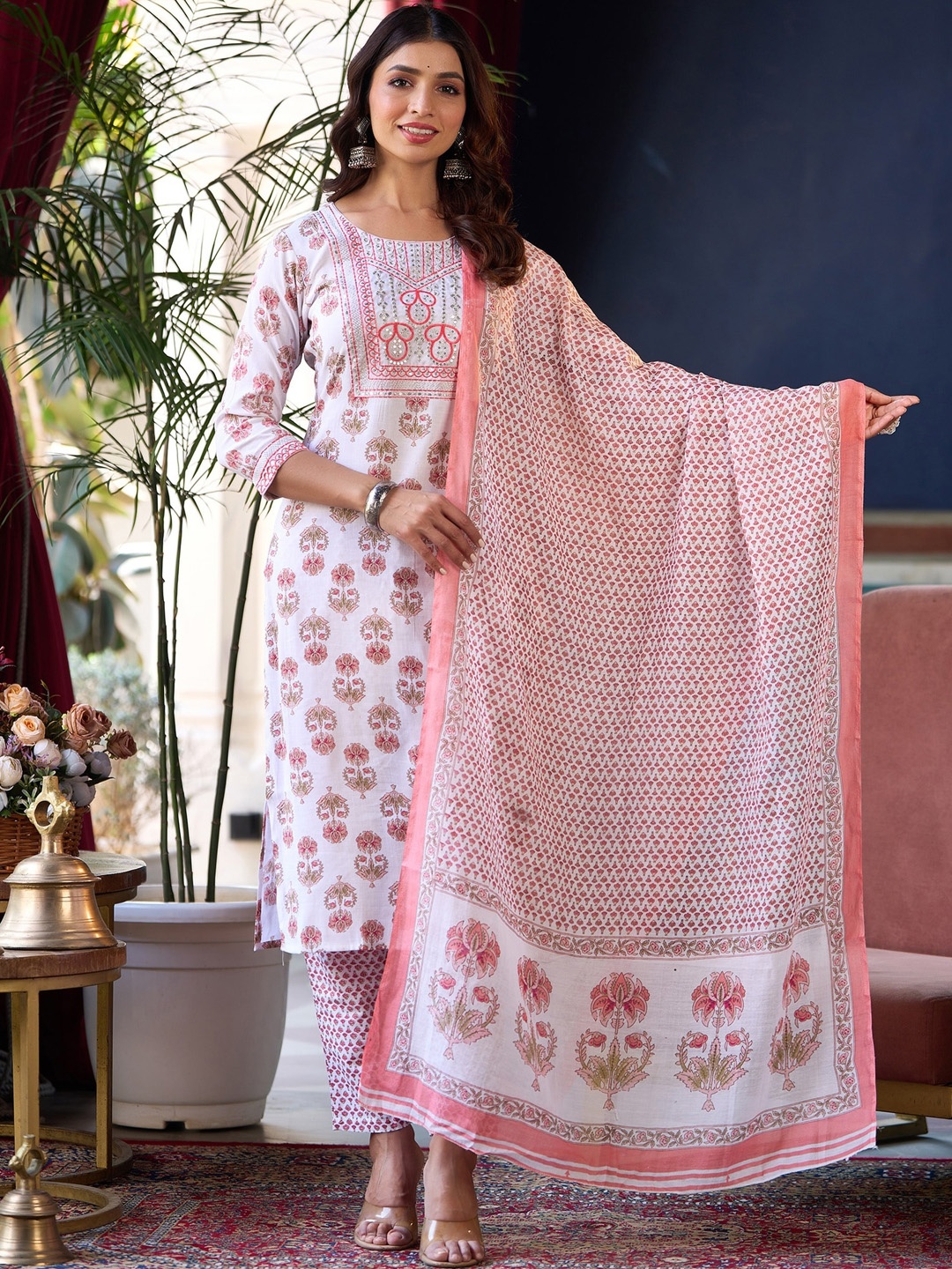 

KALINI Floral Printed Regular Straight Sequined Kurta with Trousers & Dupatta, Pink