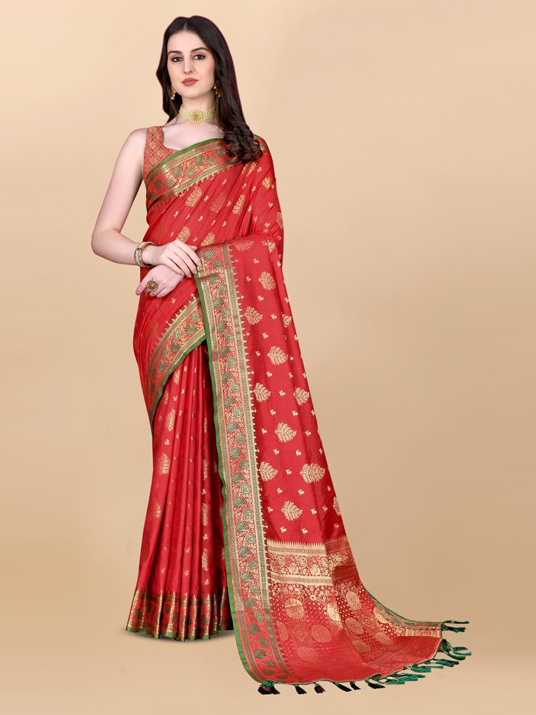 

PATIALAPICKS Ethnic Woven Design Zari Pure Silk Paithani Saree, Red