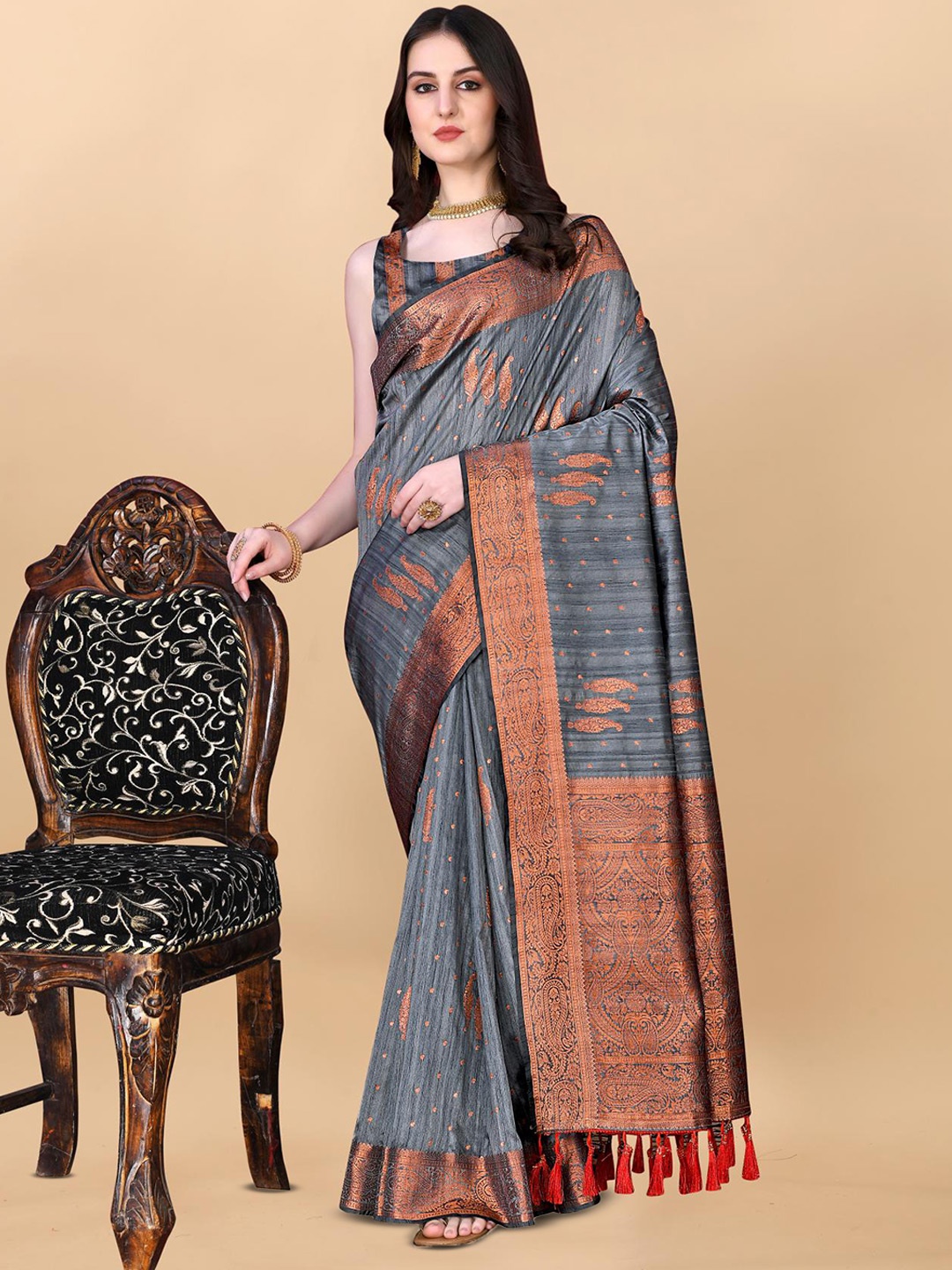 

PATIALAPICKS Woven Design Zari Pure Silk Paithani Saree, Grey