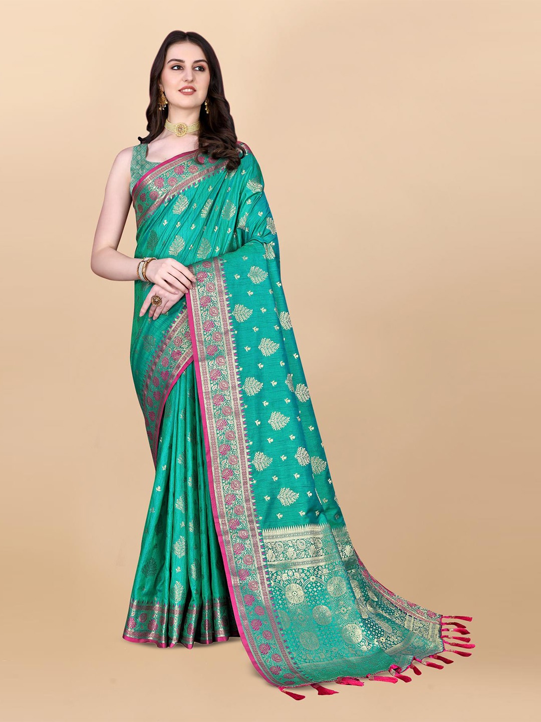 

PATIALAPICKS Ethnic Woven Design Zari Pure Silk Heavy Work Paithani Saree, Sea green