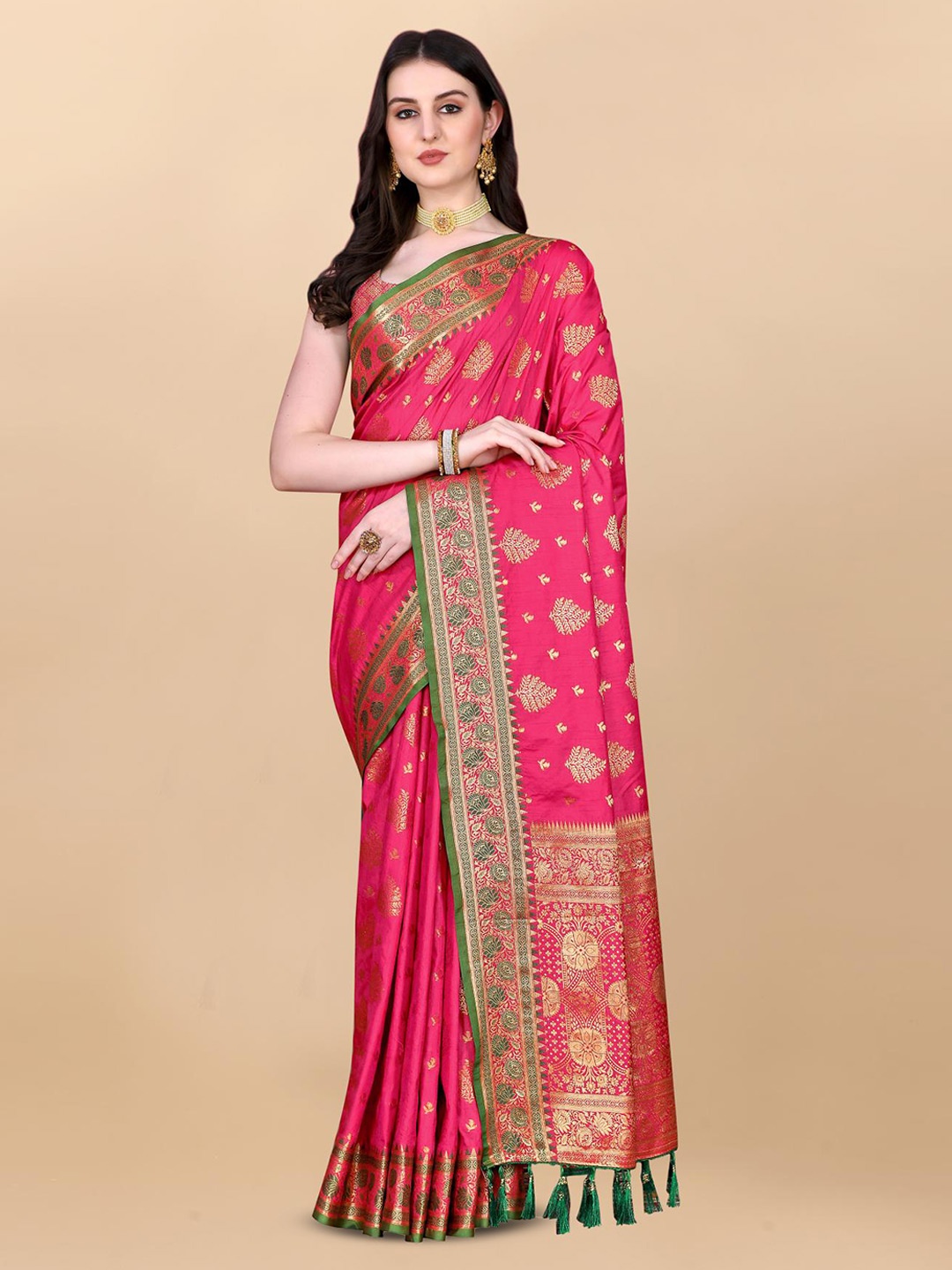 

PATIALAPICKS Ethnic Motifs Woven Design Zari Pure Silk Paithani Saree, Pink