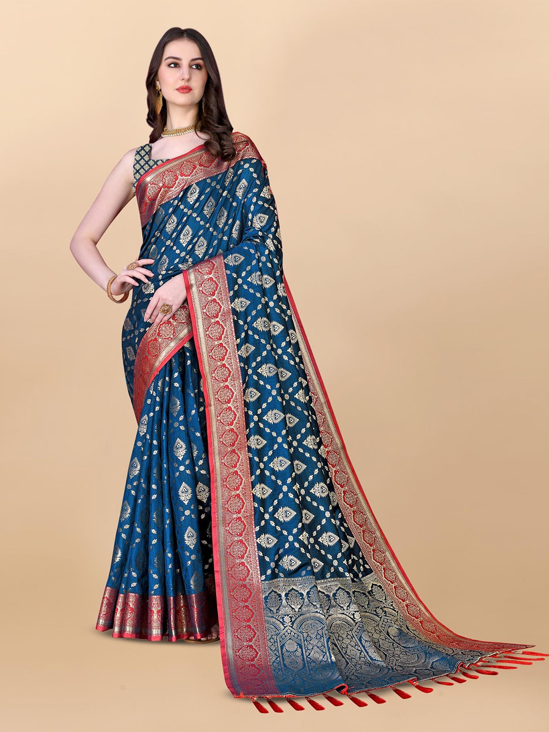 

PATIALAPICKS Ethnic Motifs Woven Design Zari Pure Silk Paithani Saree, Navy blue