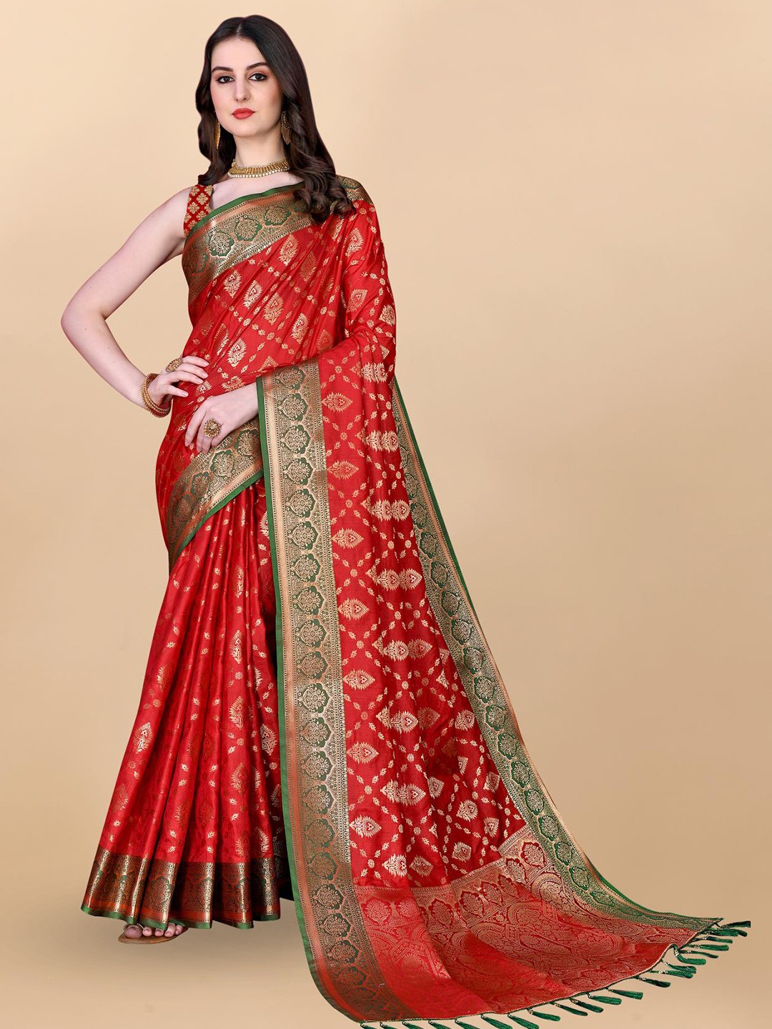 

PATIALAPICKS Ethnic Motifs Woven Design Zari Pure Silk Paithani Saree, Red