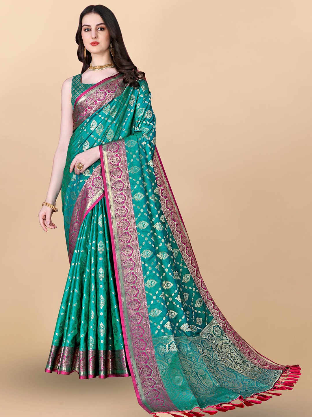 

PATIALAPICKS Woven Design Zari Pure Silk Paithani Saree, Sea green