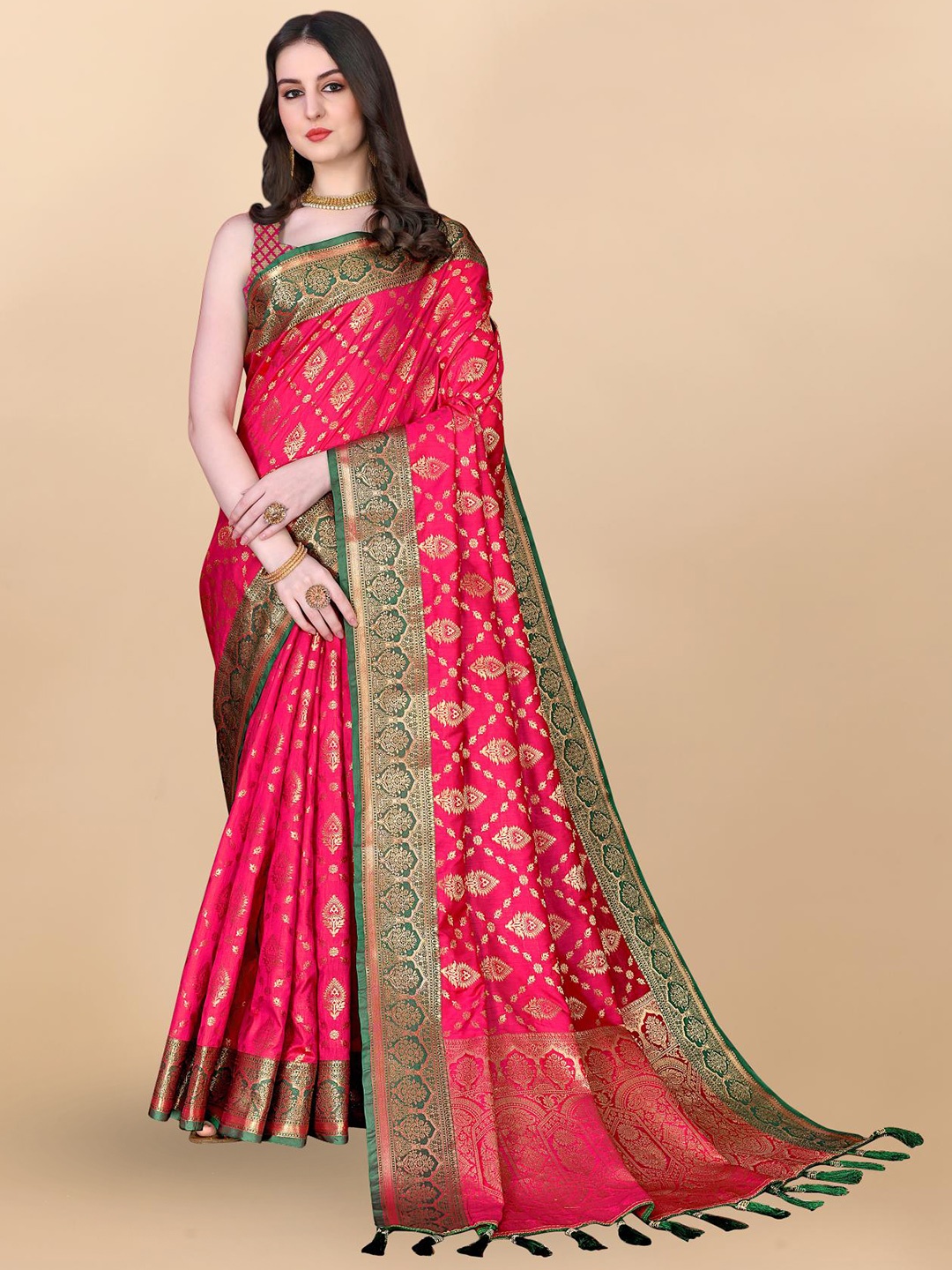 

PATIALAPICKS Woven Design Zari Pure Silk Paithani Saree, Pink