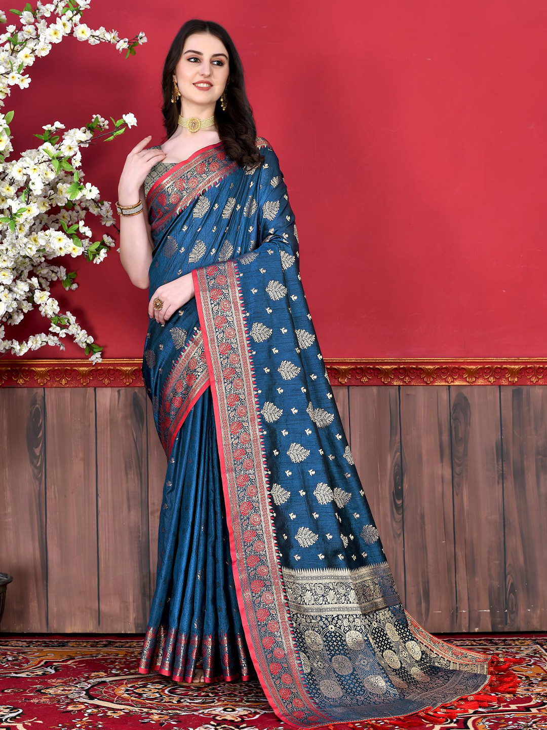 

PATIALAPICKS Ethnic Motifs Woven Design Zari Pure Silk Paithani Saree, Blue