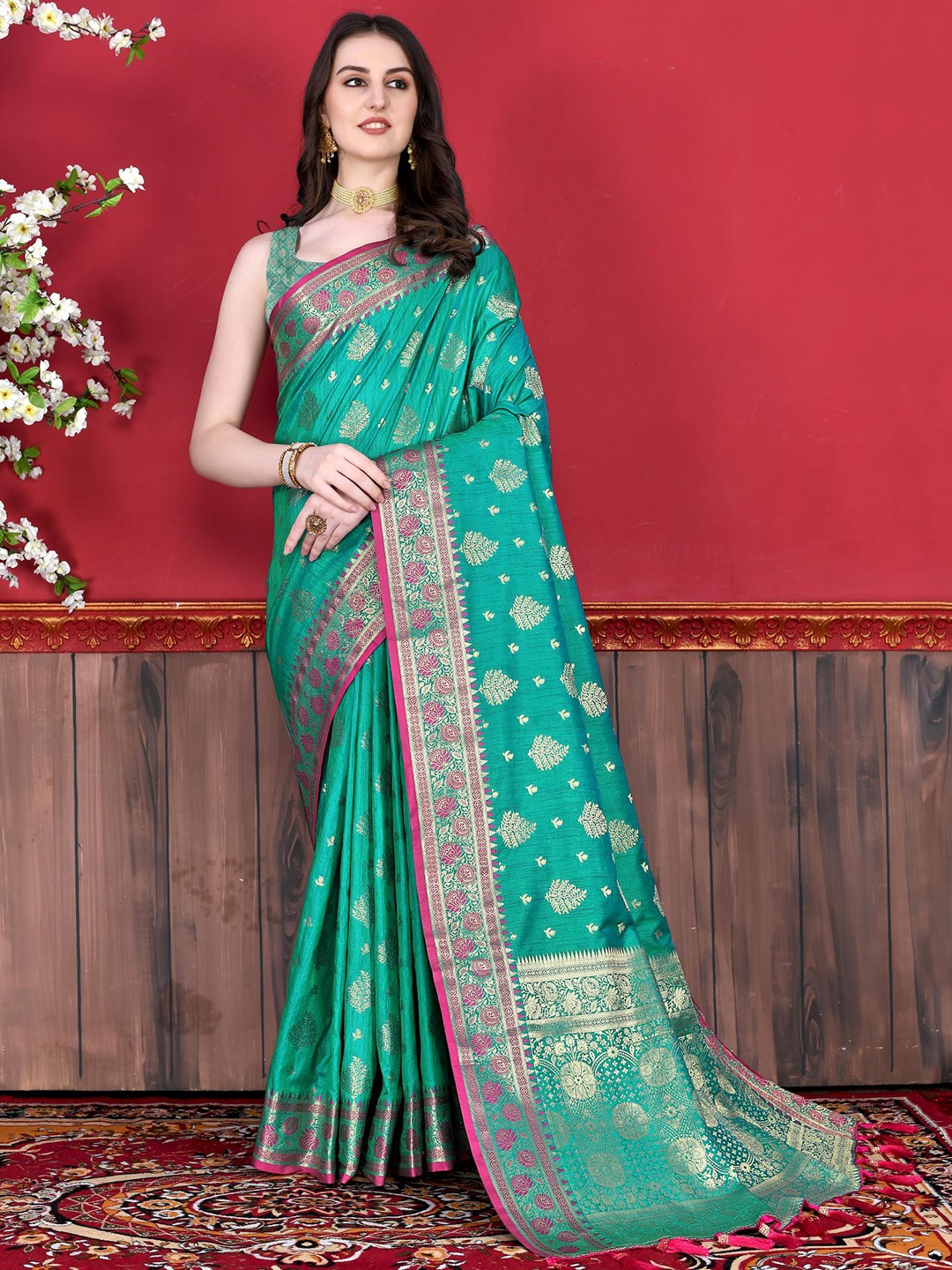 

PATIALAPICKS Ethnic Motifs Woven Design Zari Pure Silk Paithani Saree, Sea green