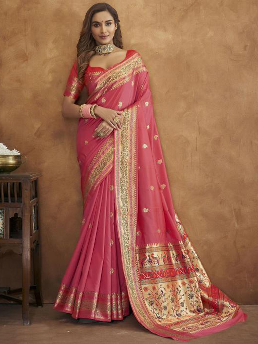 

PATIALAPICKS Ethnic Motifs Woven Design Zari Pure Silk Paithani Saree, Pink
