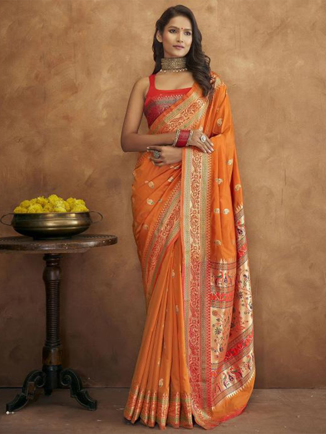 

PATIALAPICKS Ethnic Motifs Woven Design Zari Pure Silk Paithani Saree, Orange