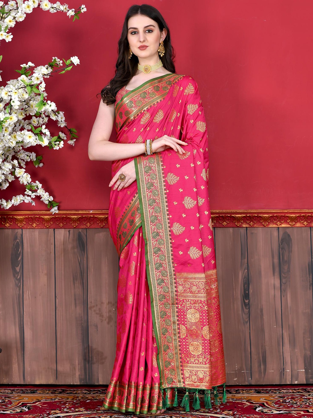 

PATIALAPICKS Ethnic Motifs Woven Design Zari Pure Silk Paithani Saree, Pink