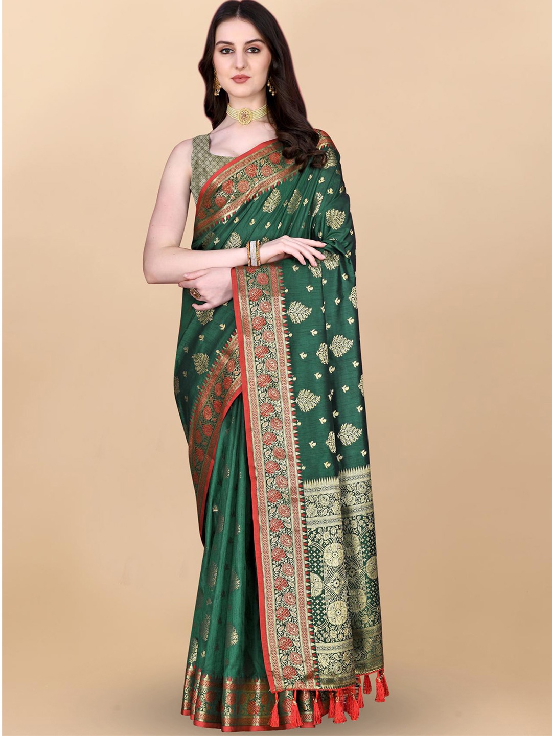 

PATIALAPICKS Ethnic Motifs Woven Design Zari Pure Silk Paithani Saree, Green