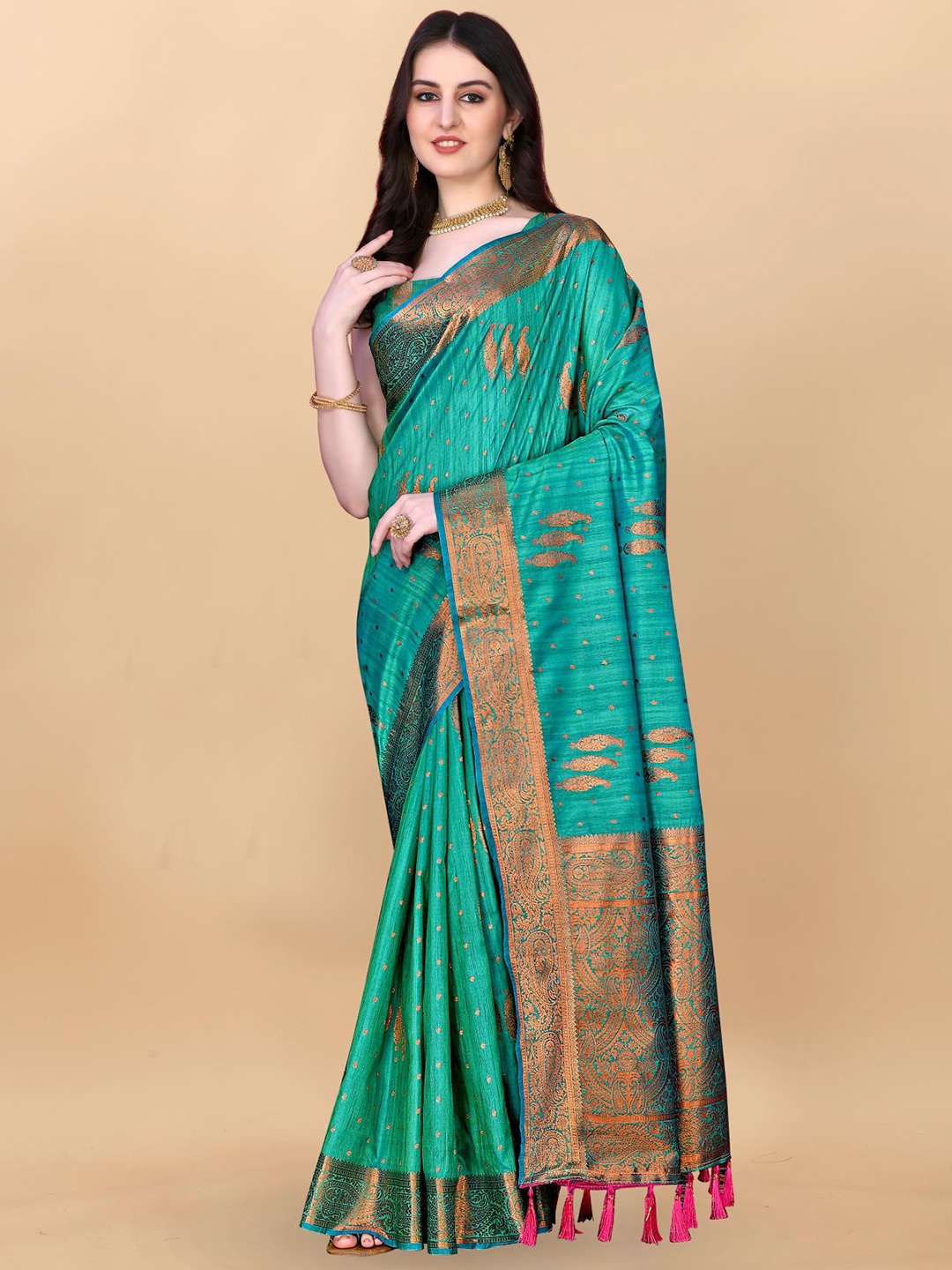 

PATIALAPICKS Woven Design Zari Pure Silk Paithani Saree, Green