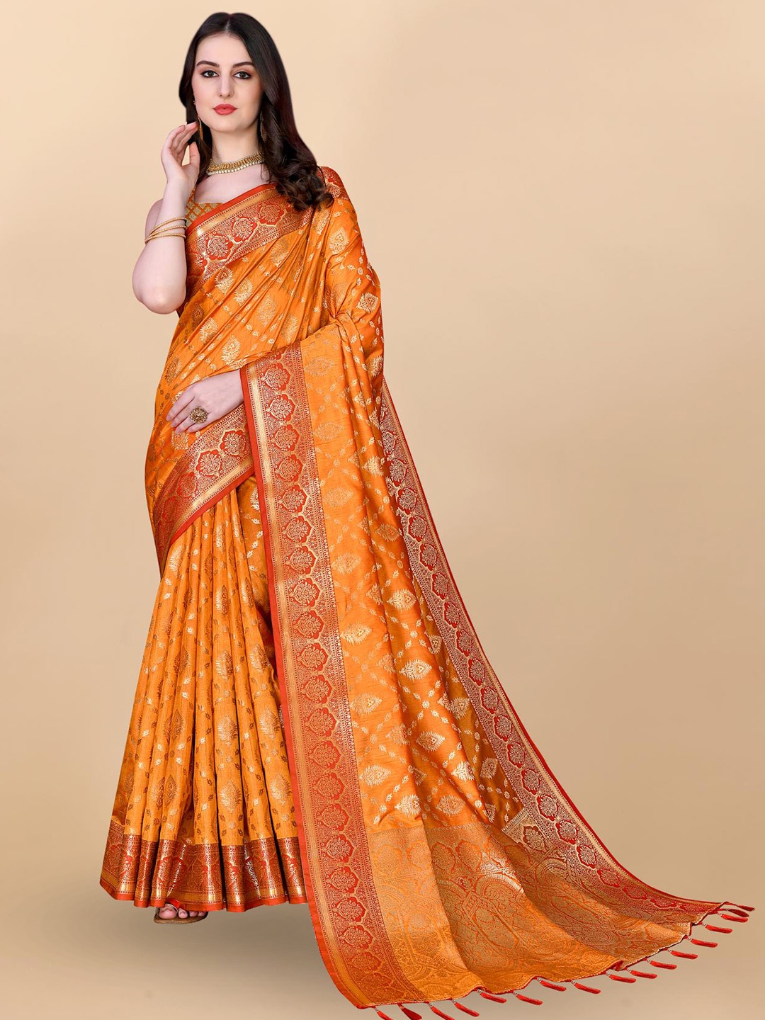 

PATIALAPICKS Woven Design Zari Pure Silk Paithani Saree, Orange
