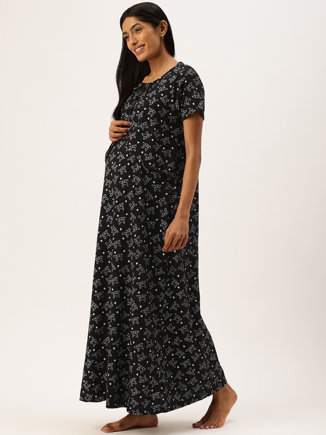 

Nejo Printed Pure Cotton Maternity Maxi Nightdress, Black