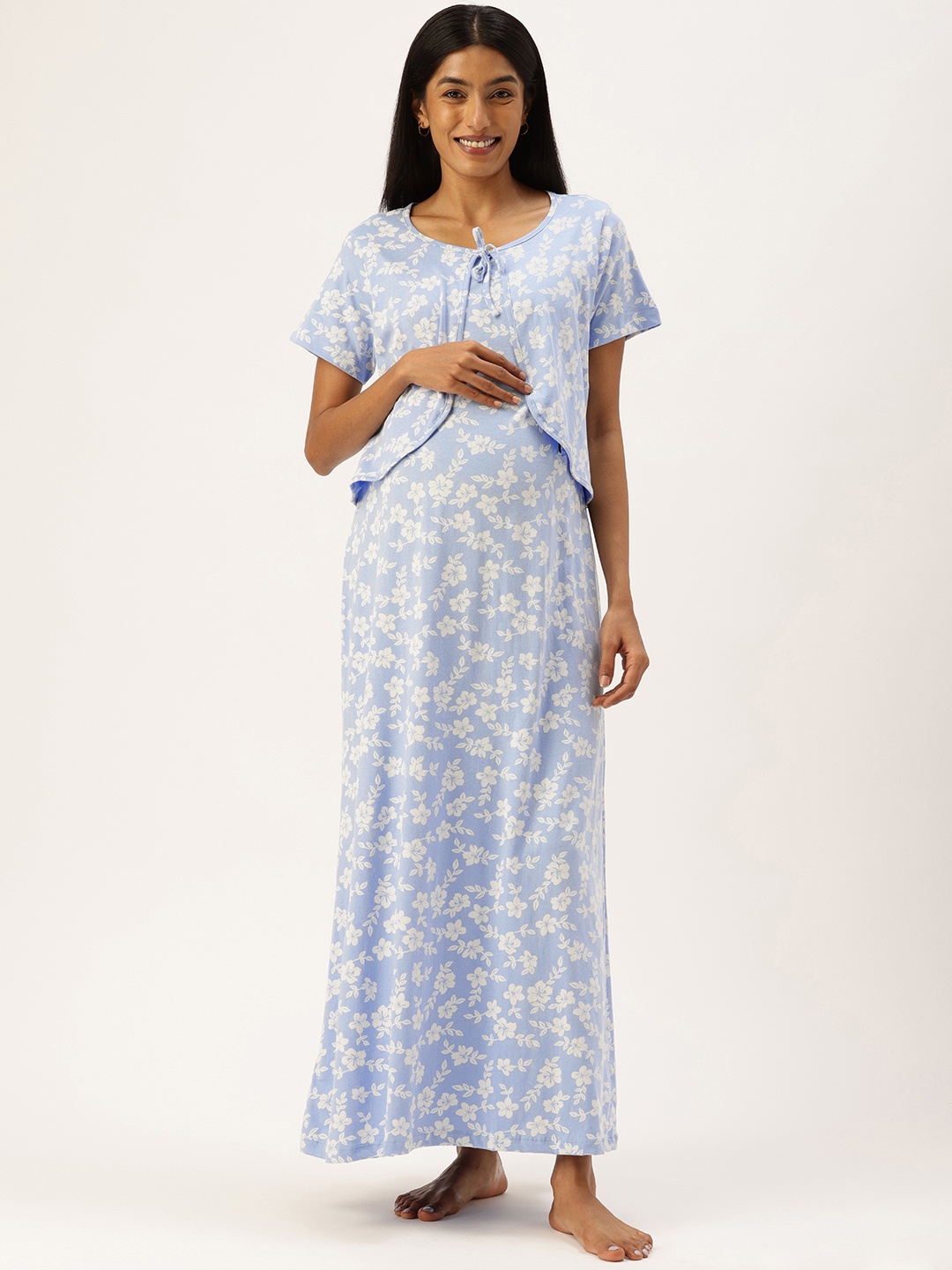 

Nejo Printed Maternity Pure Cotton Maxi Nightdress, Blue