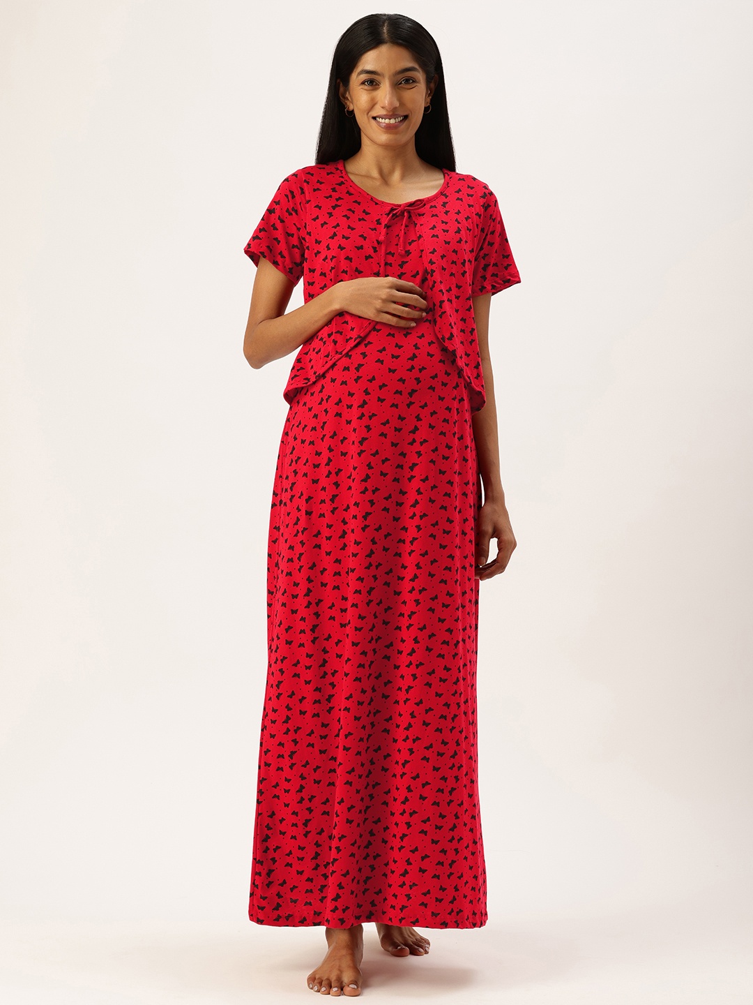 

Nejo Printed Pure Cotton Maternity Maxi Nightdress, Red