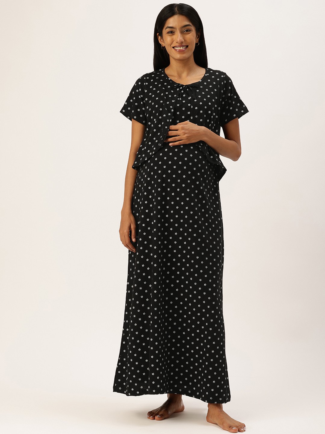 

Nejo Printed Pure Cotton Maternity Maxi Nightdress, Black