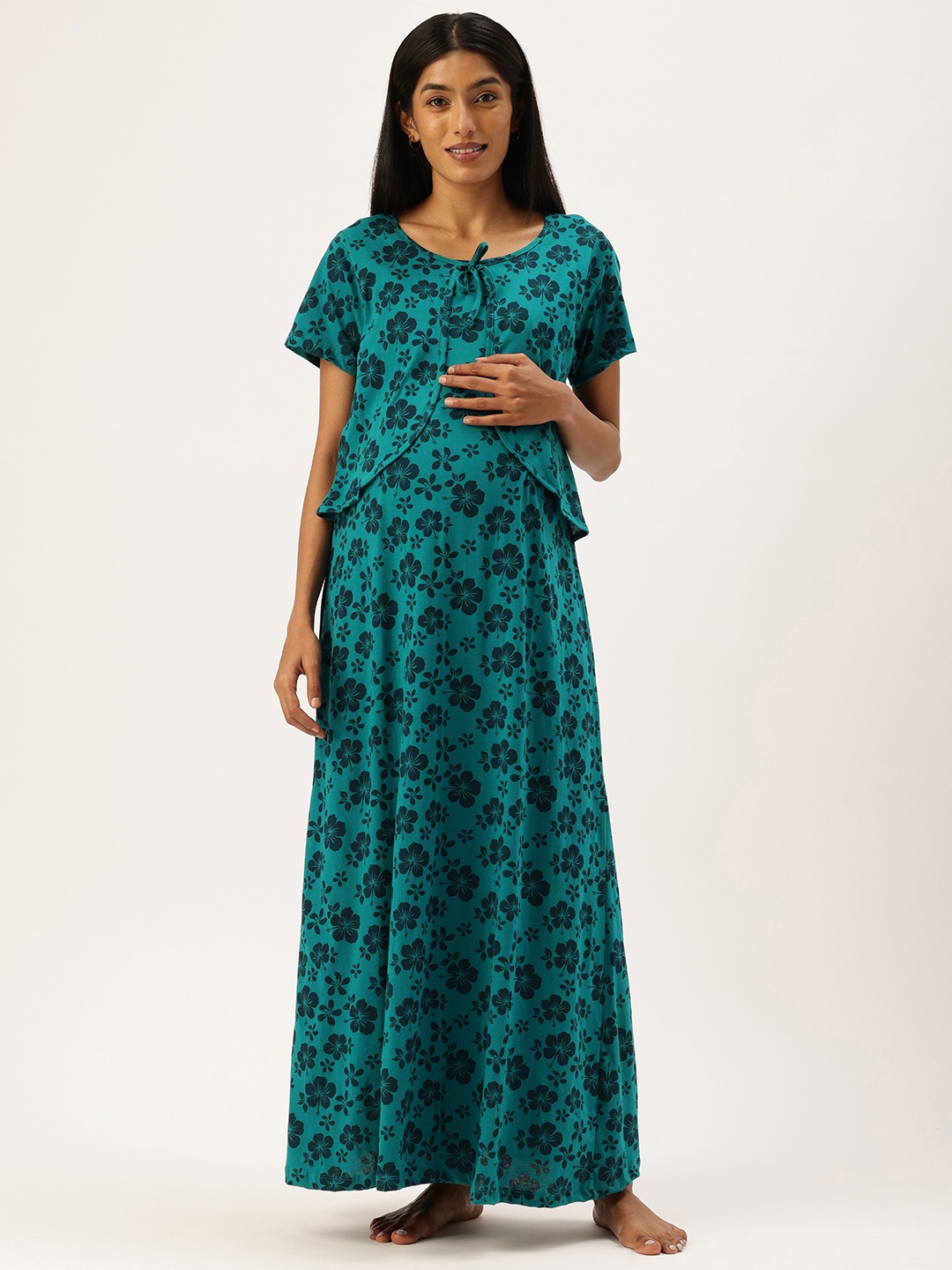 

Nejo Printed Maternity Pure Cotton Maxi Nightdress, Teal