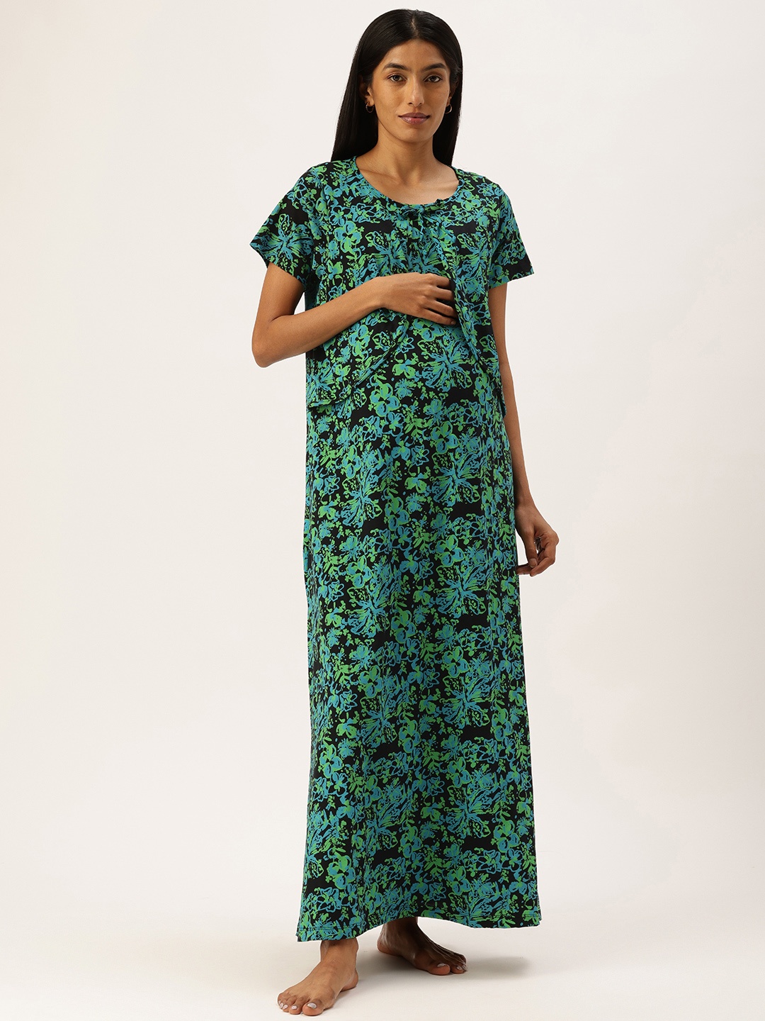 

Nejo Printed Pure Cotton Maternity Maxi Nightdress, Black