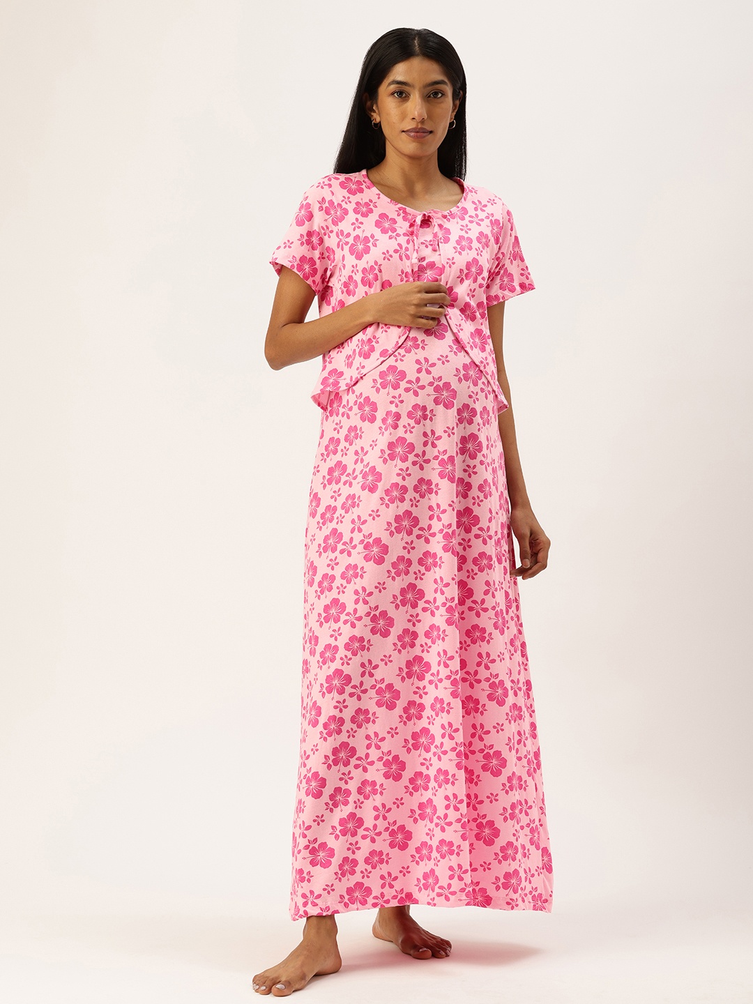

Nejo Printed Pure Cotton Maternity Maxi Nightdress, Pink