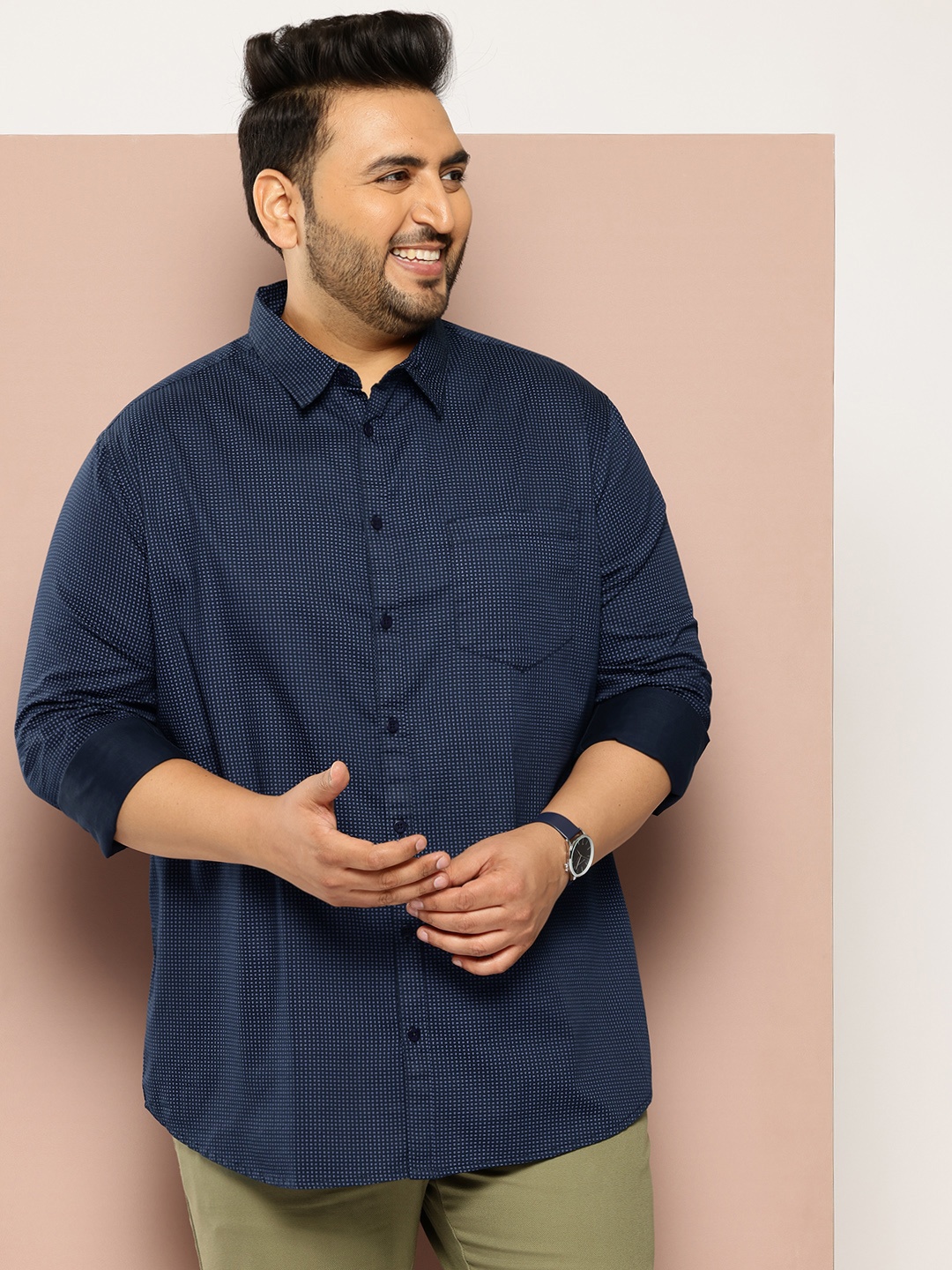 

Sztori Men Plus Size Classic Micro Ditsy Printed Pure Cotton Casual Shirt, Navy blue