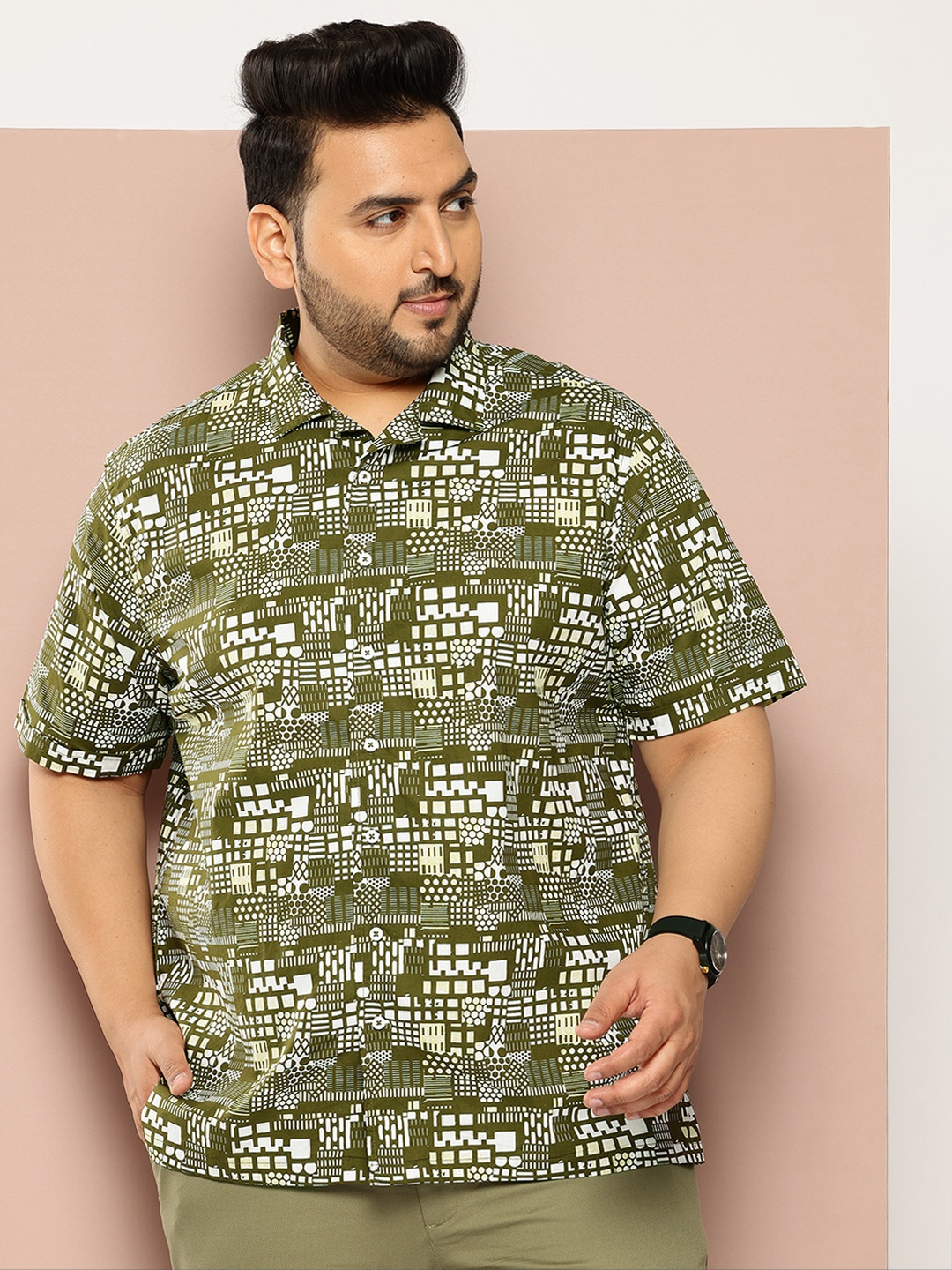 

Sztori Men Plus Size Comfort Printed Cuban Collar Pure Cotton Casual Shirt, Olive