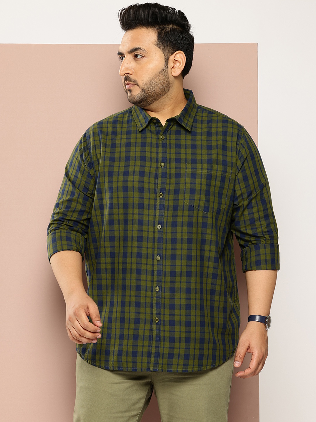 

Sztori Men Plus Size Classic Checked Pure Cotton Casual Shirt, Olive