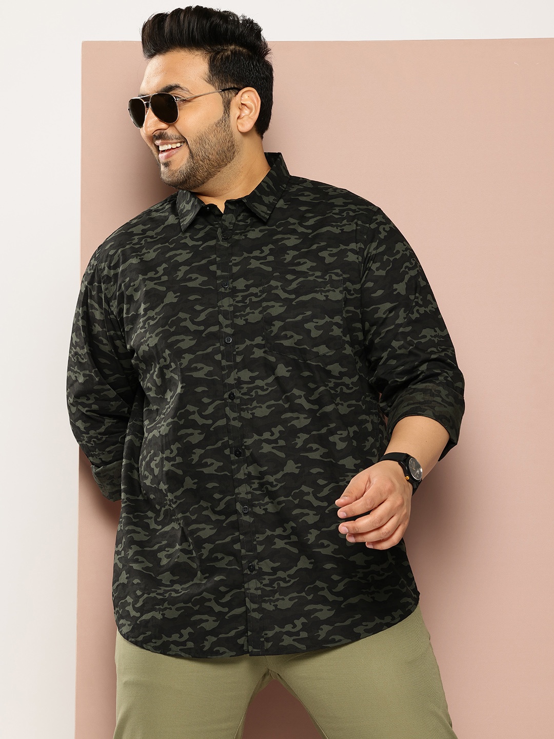 

Sztori Men Plus Size Classic Camouflage Printed Pure Cotton Casual Shirt, Black