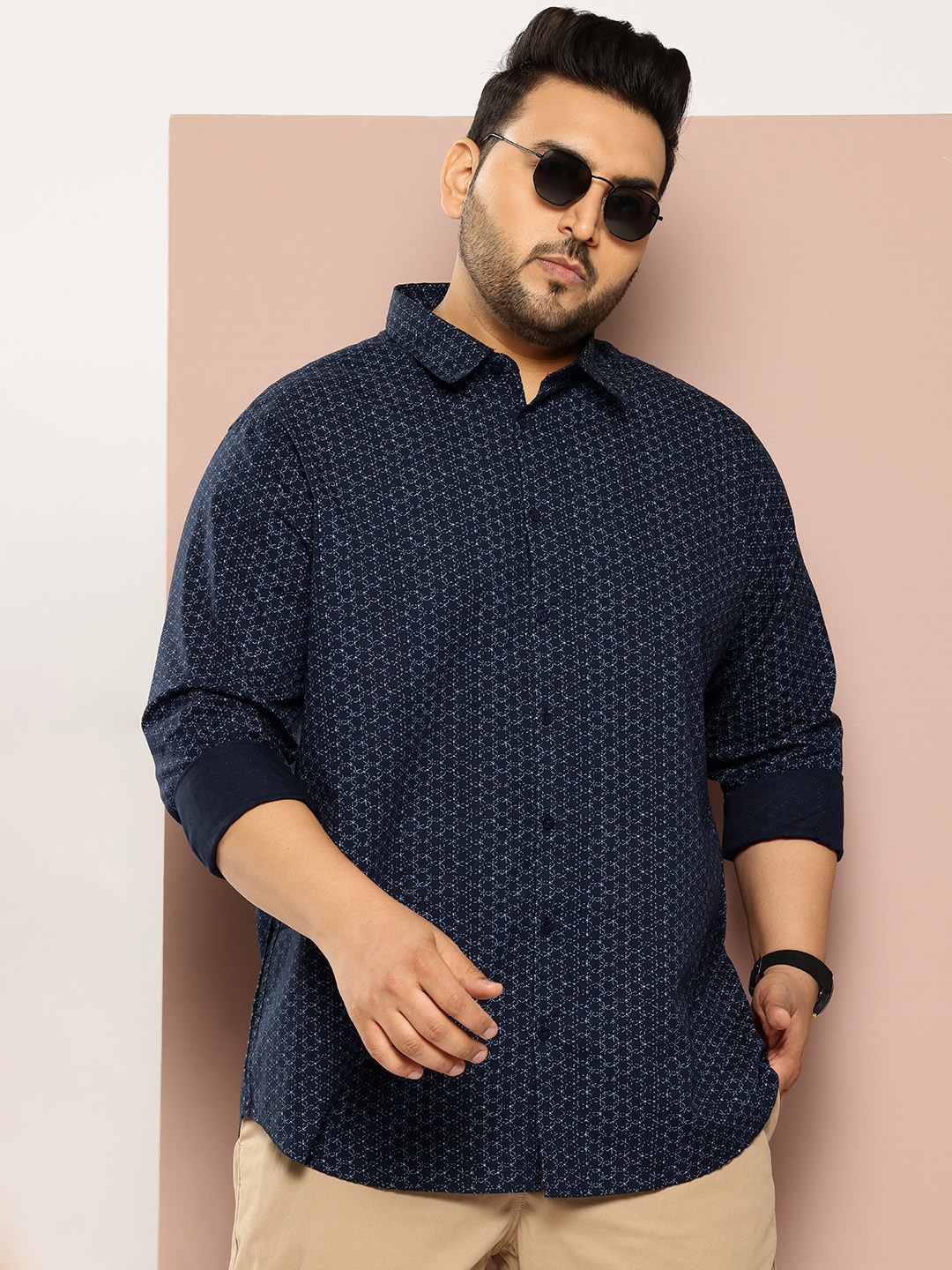 

Sztori Men Plus Size Classic Printed Pure Cotton Casual Shirt, Navy blue