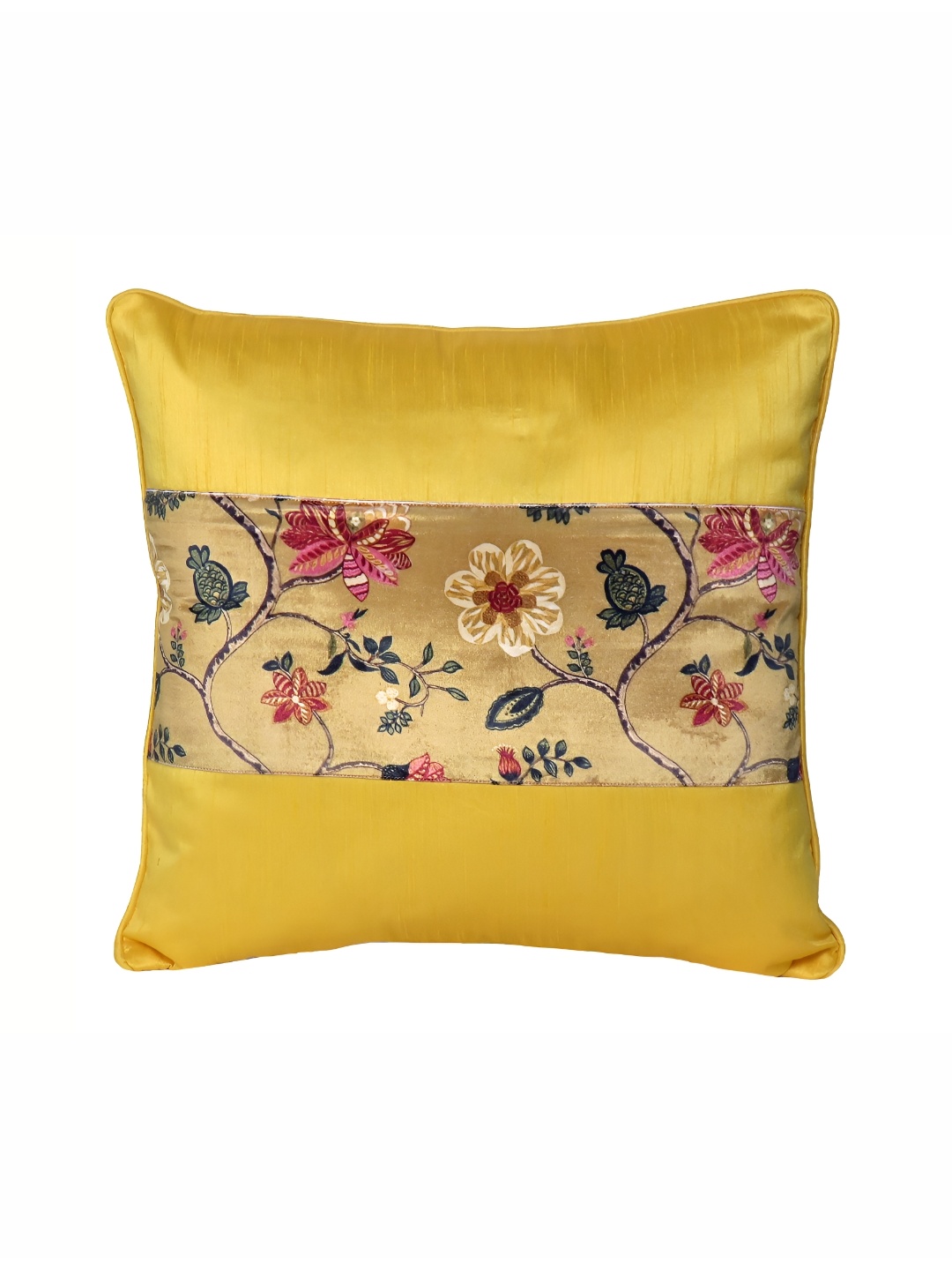 

OUSSUM Yellow & Beige Floral Printed Velvet Square Cushion Cover