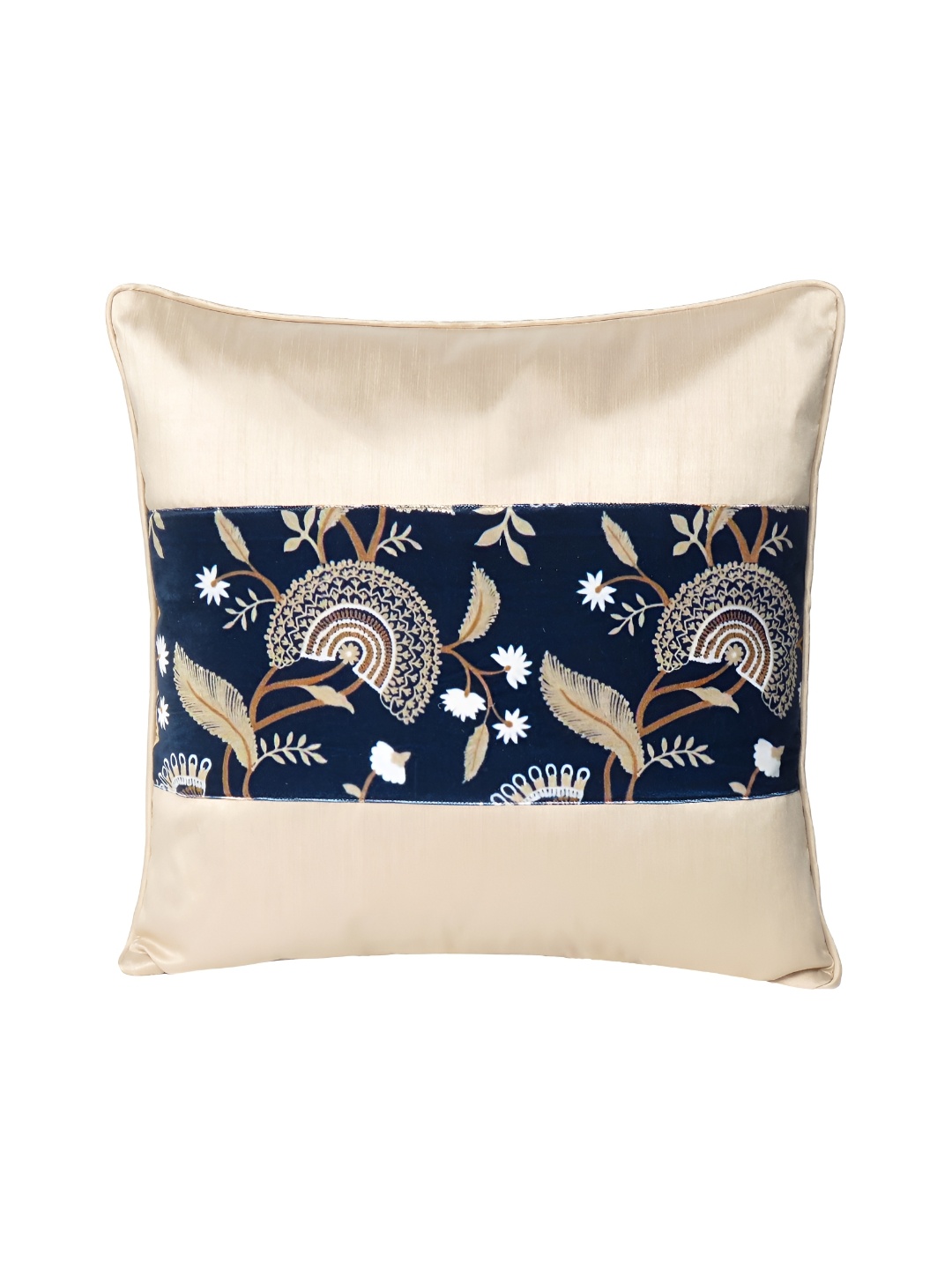 

OUSSUM Beige & Navy Blue Floral Velvet Square Cushion Cover