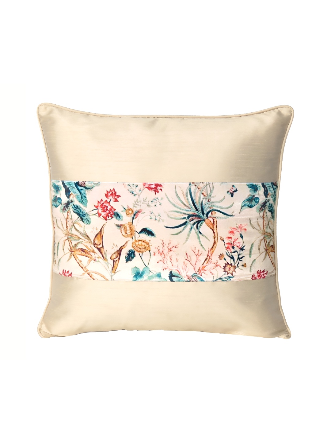 

OUSSUM Beige & Blue Floral Velvet Square Cushion Cover