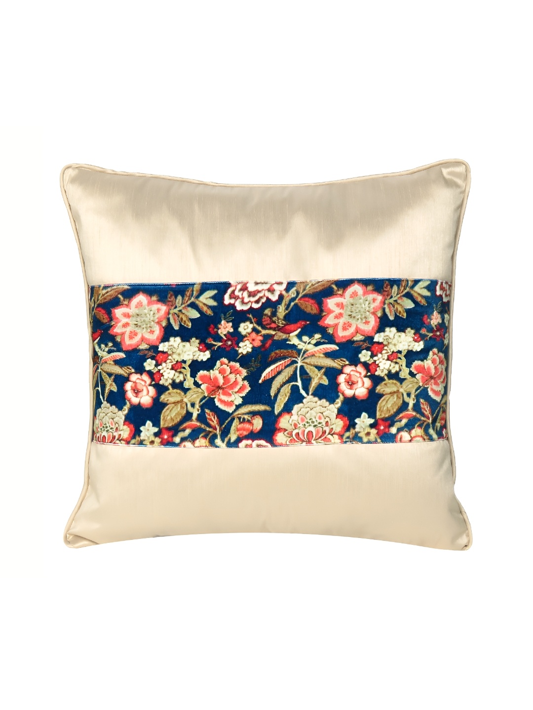 

OUSSUM Beige & Blue Floral Velvet Square Cushion Cover