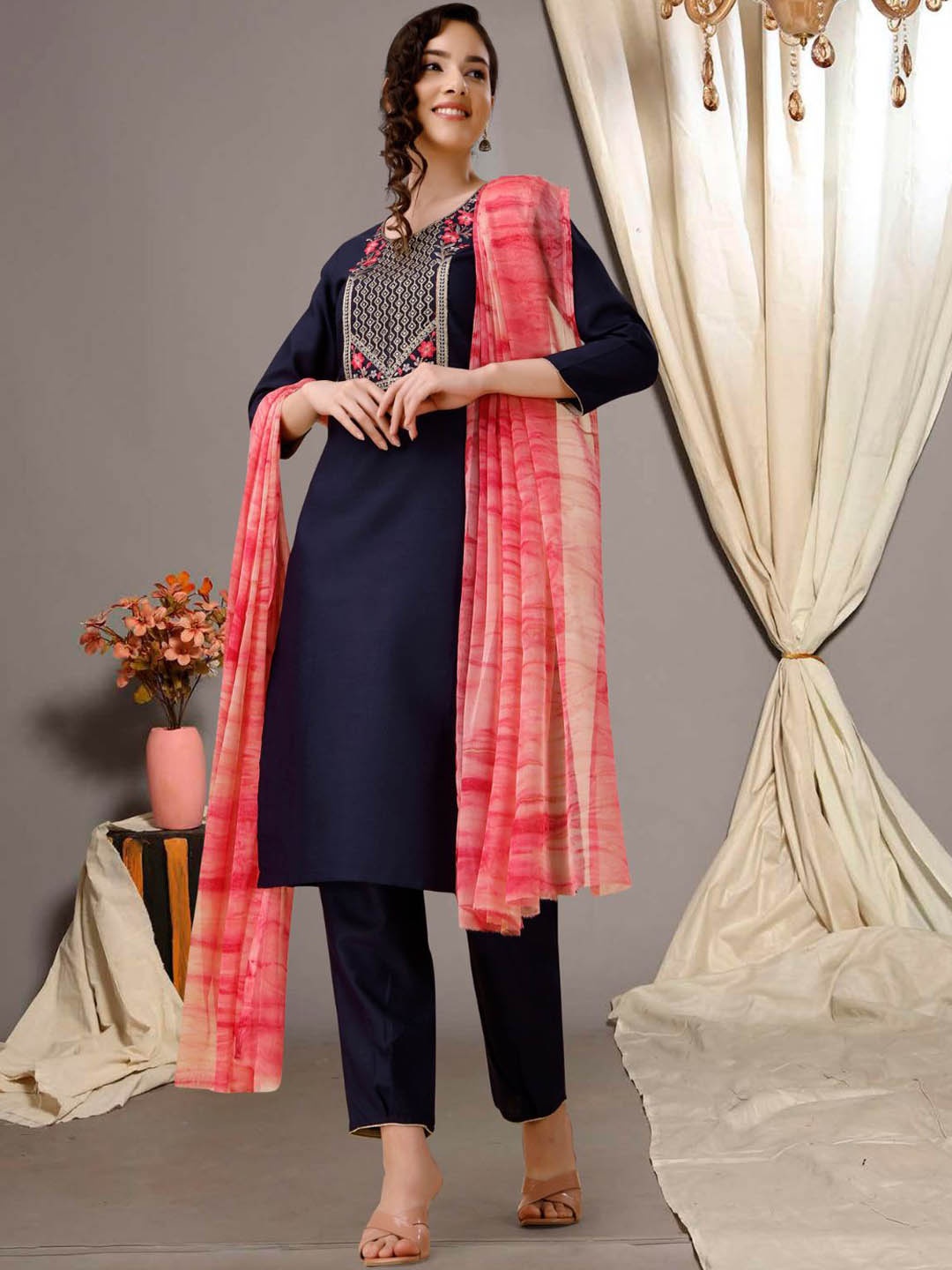 

KALINI Floral Embroidered Kurta with Trousers & With Dupatta, Navy blue