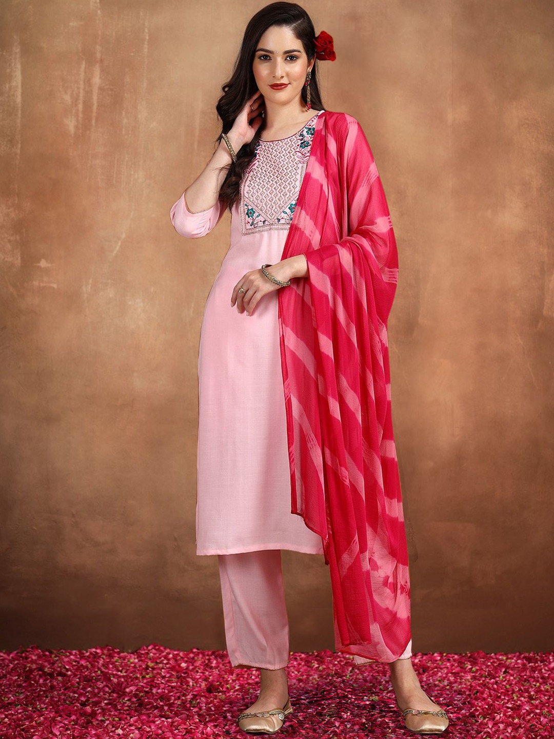 

KALINI Floral Yoke Design Straight Sequinned Kurta with Trousers & Dupatta, Pink